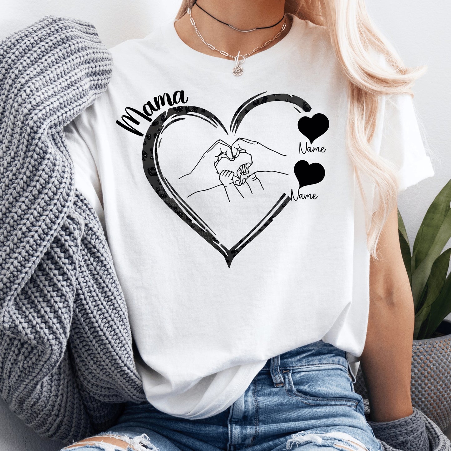 Mama Black Glitter Leopard Print Heart w/ 1 to 6 names *Custom- leave names in checkout notes*