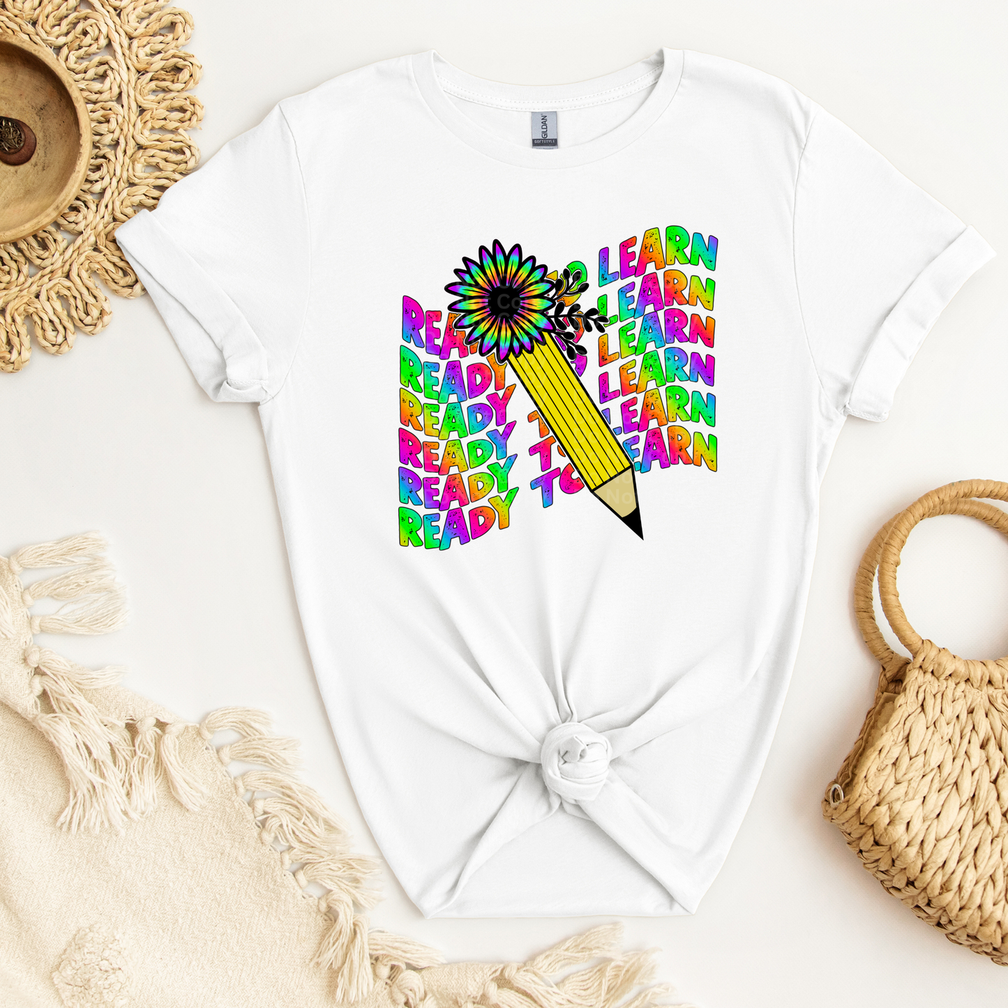 Ready To Learn Stacked/Wavy Multicolor Pencil/flower DTF Transfer