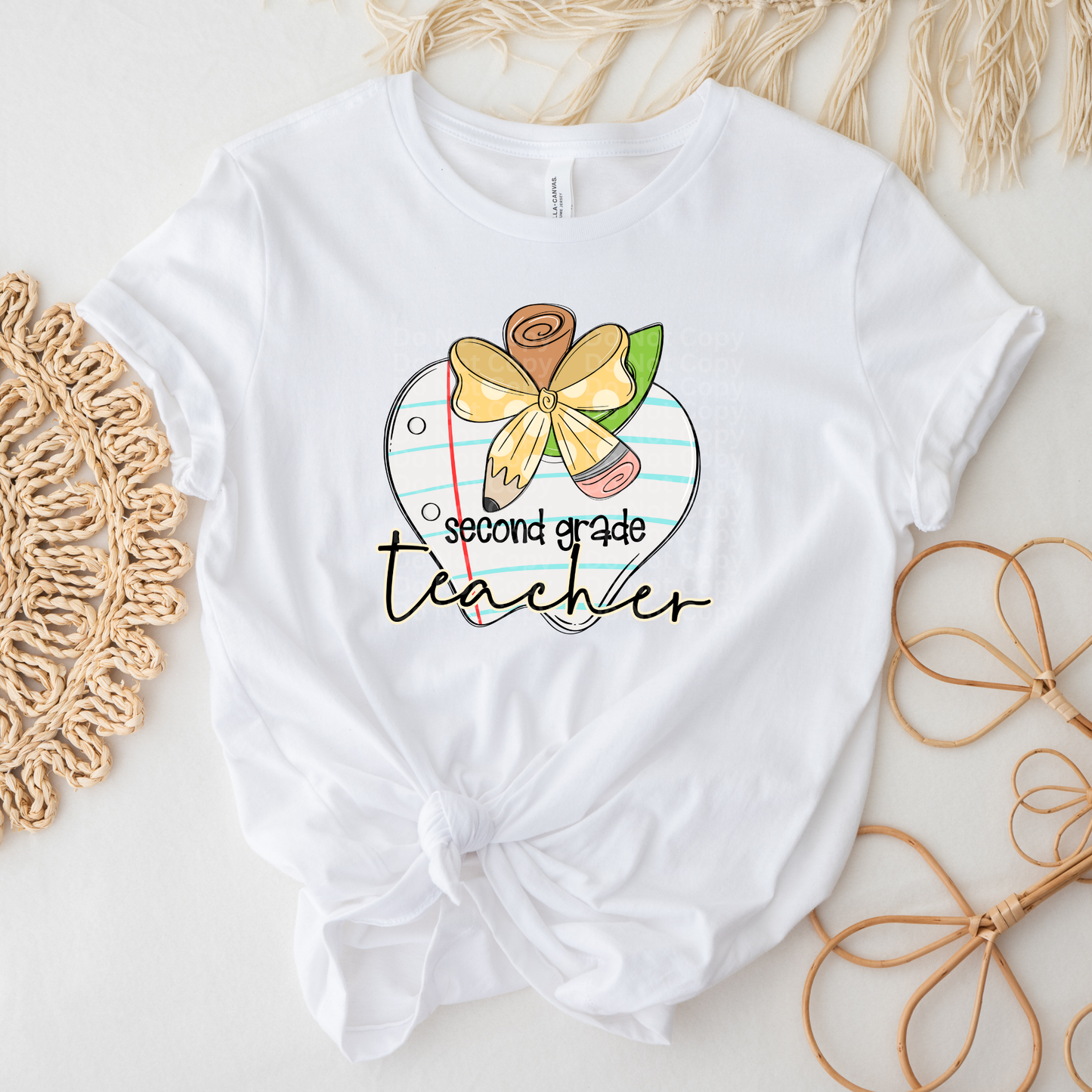 Second Grade Teacher - Notebook Paper Apple with Pencil Bow DTF Transfer