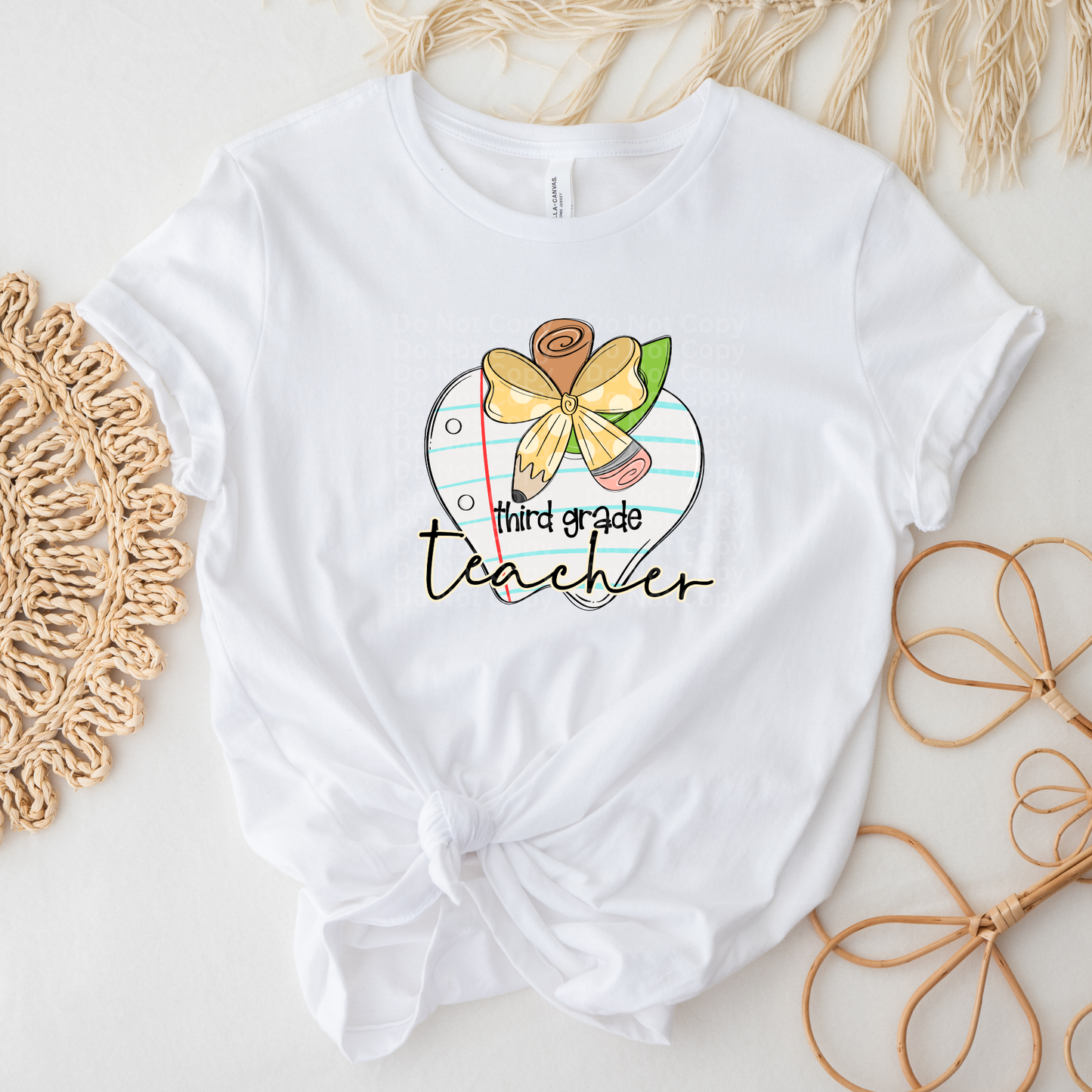 Third Grade Teacher - Notebook Paper Apple with Pencil Bow DTF Transfer