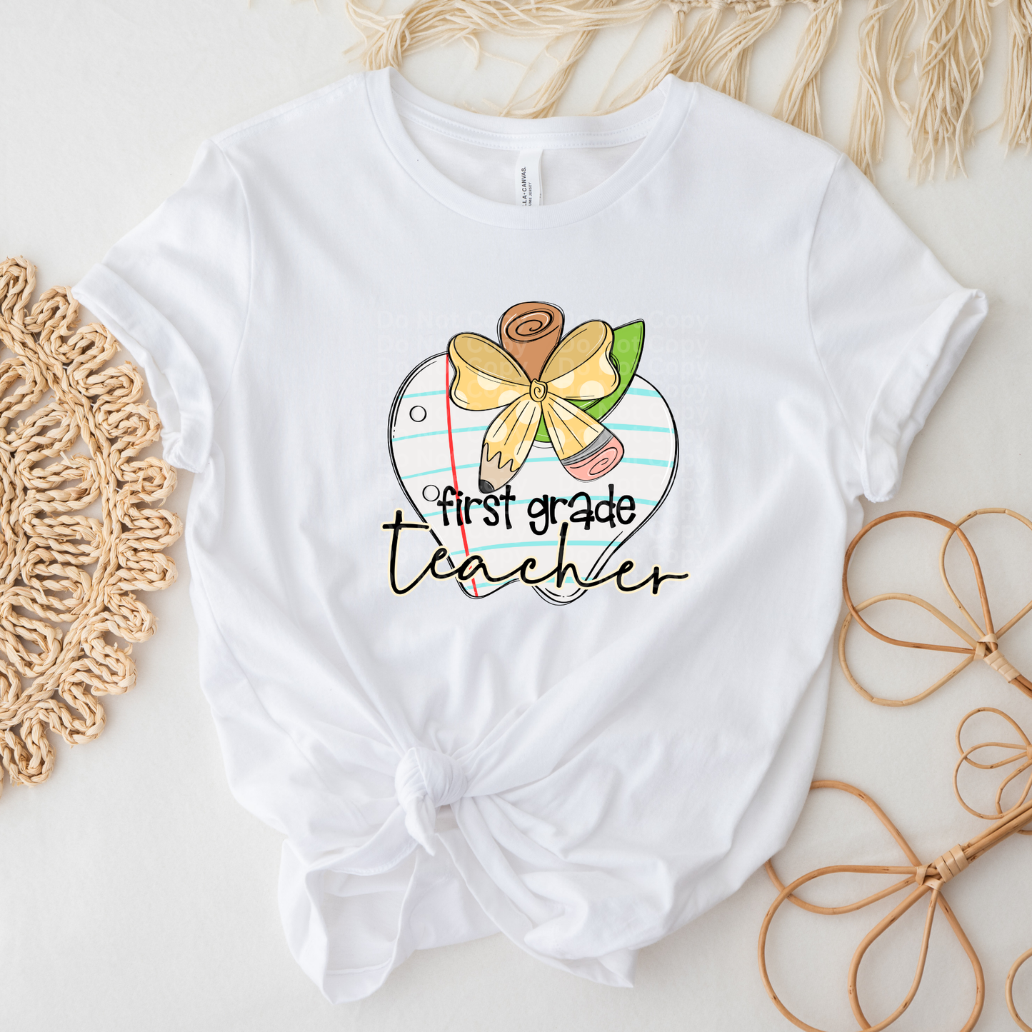 First Grade Teacher - Notebook Paper Apple with Pencil Bow DTF Transfer