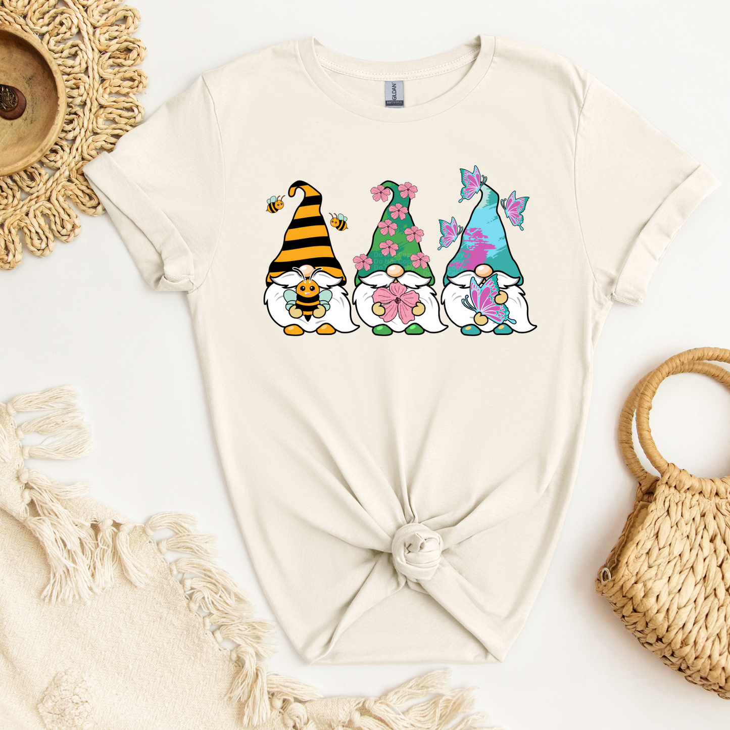 3 Garden Gnomes Holding a Bee, Flower & Butterfly DTF Transfer