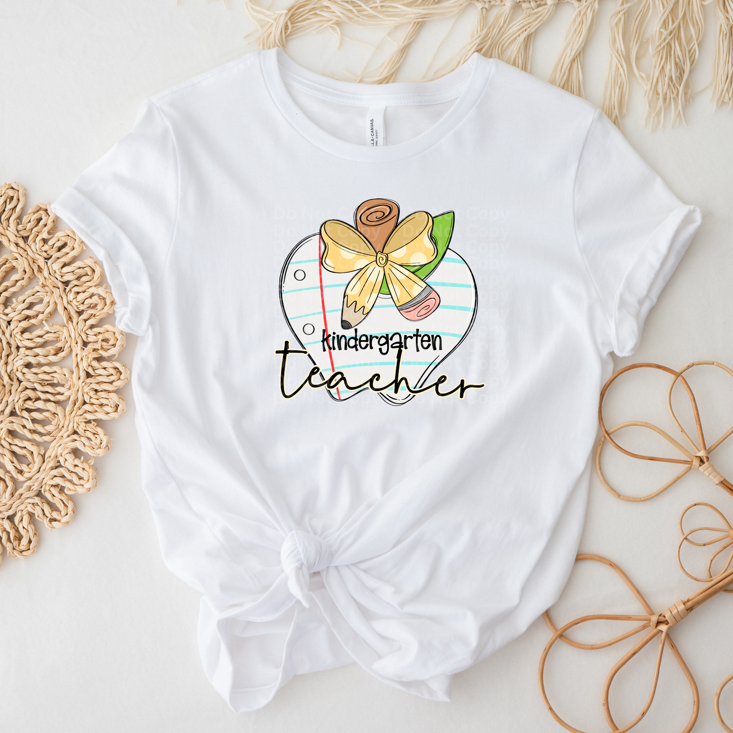 Kindergarten Teacher - Notebook Paper Apple with Pencil Bow DTF Transfer