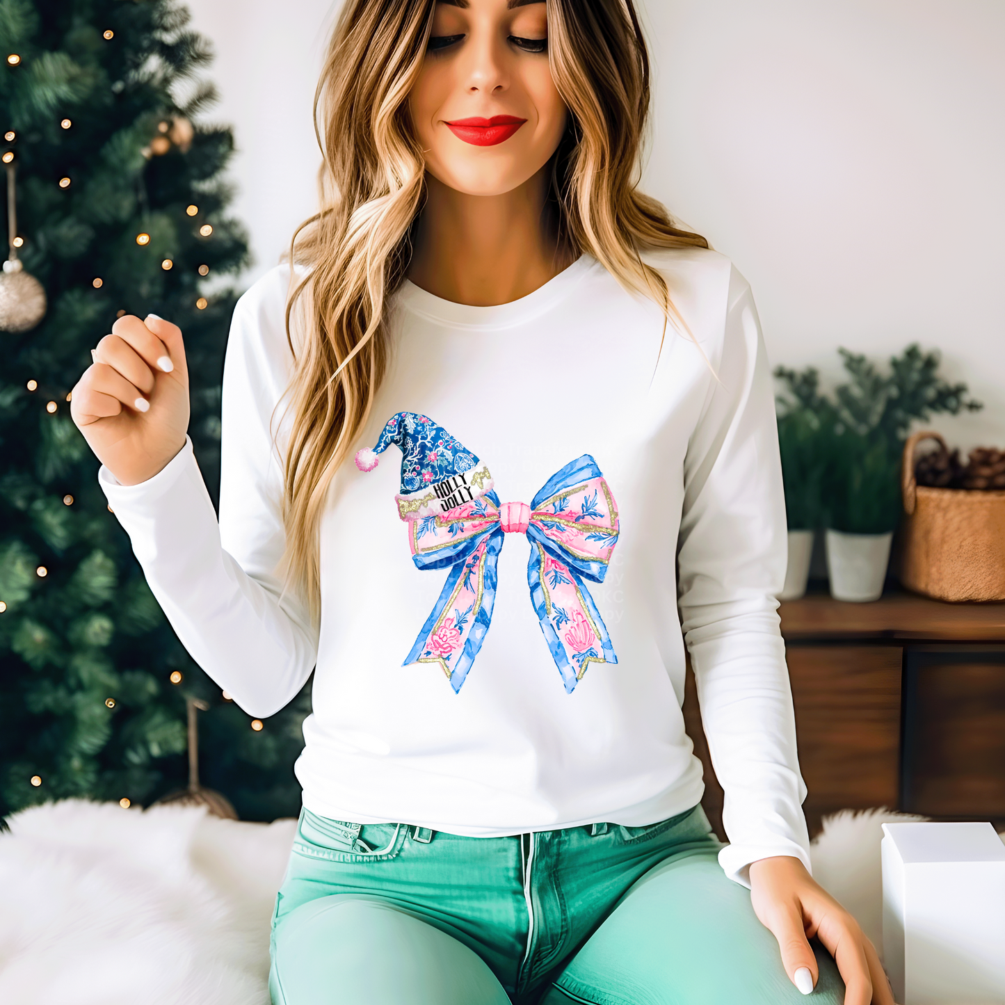 Holly Jolly Watercolor Coquette Bow DTF Transfer