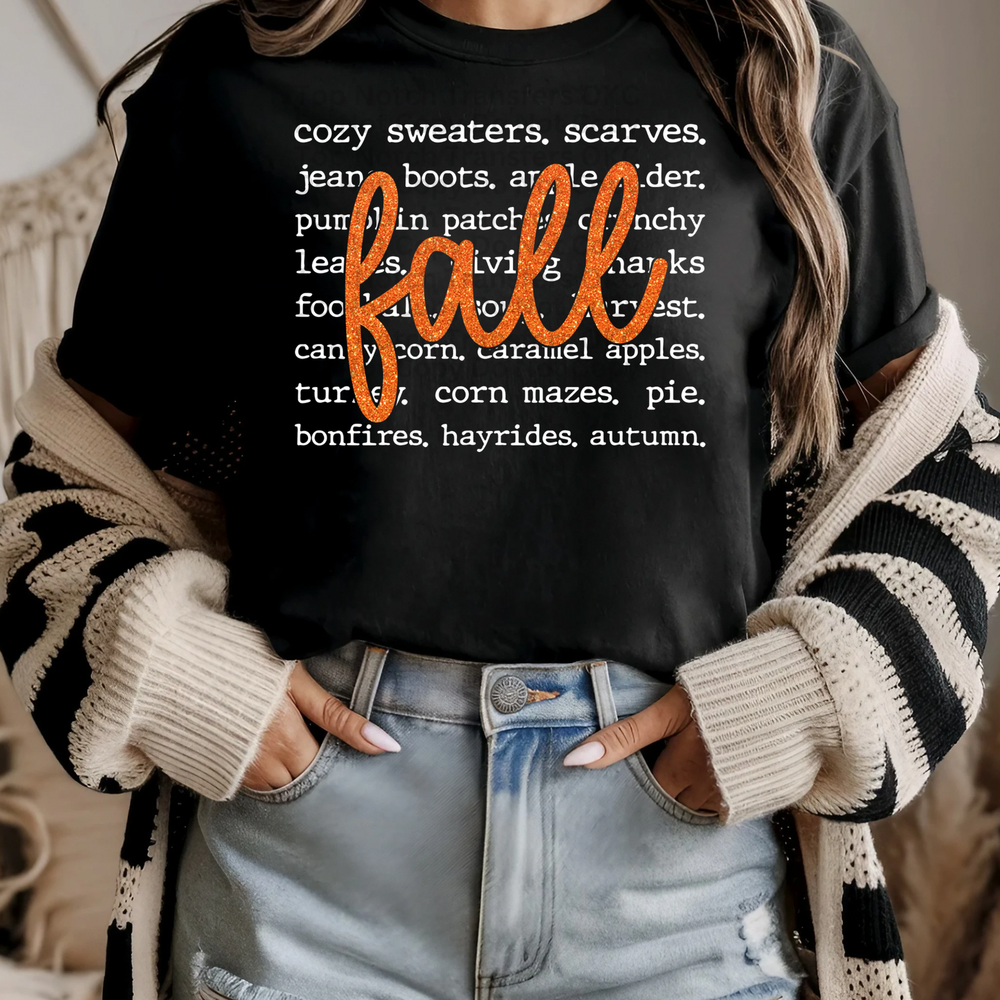 RTS Faux Glitter Fall w/ white words Adult DTF Transfer