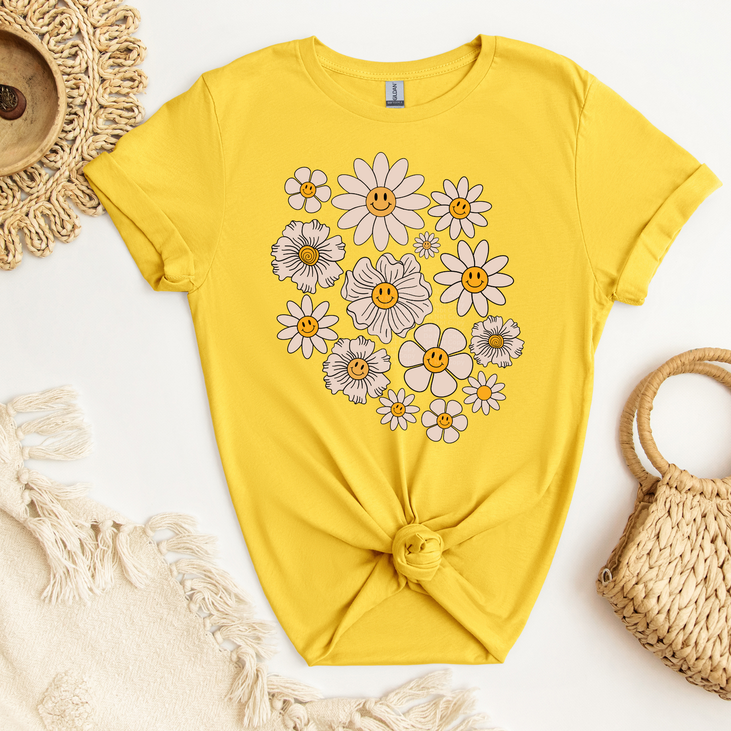 White Happy Face Flowers DTF Transfer