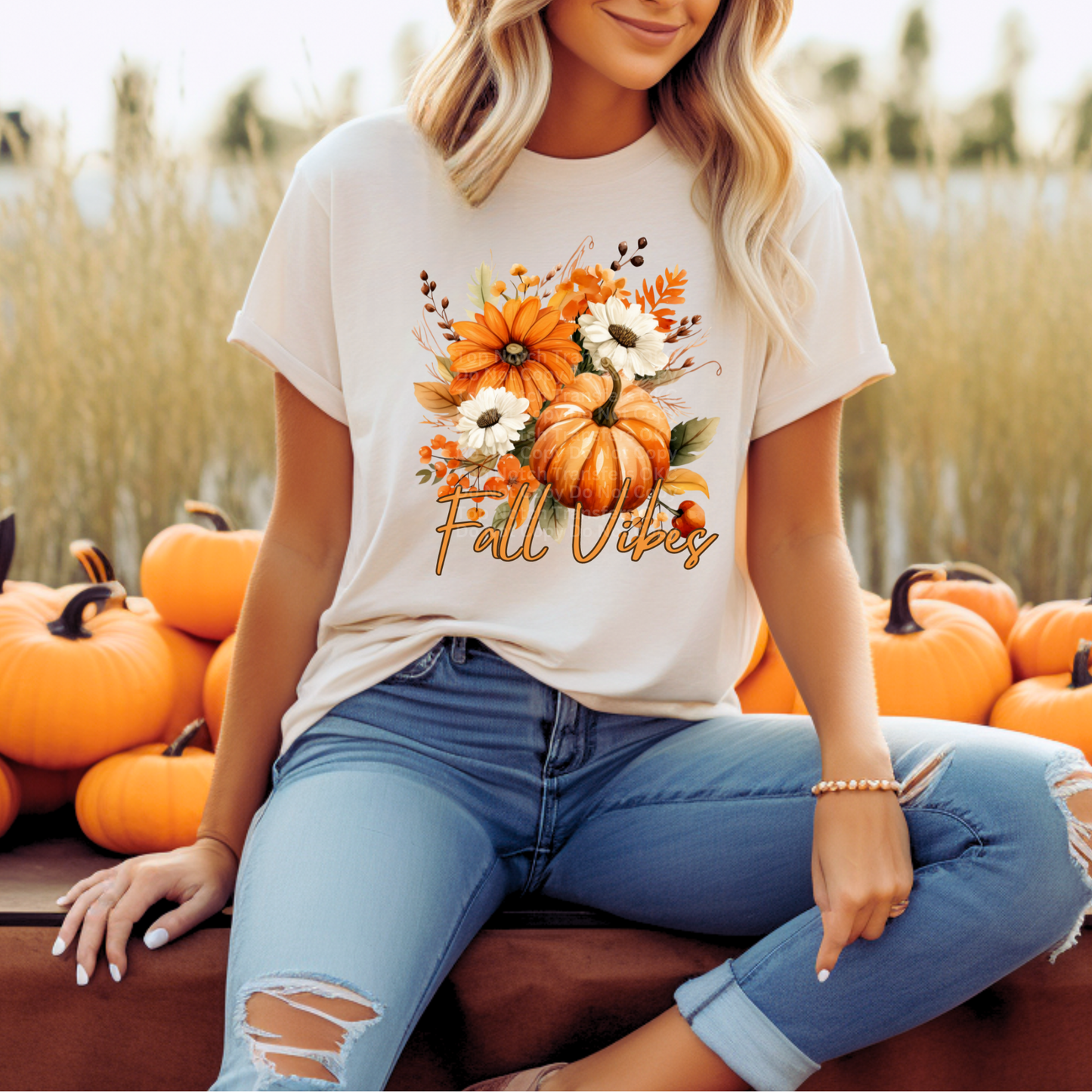 Fall Vibes Fall Flowers & Pumpkin DTF Transfer