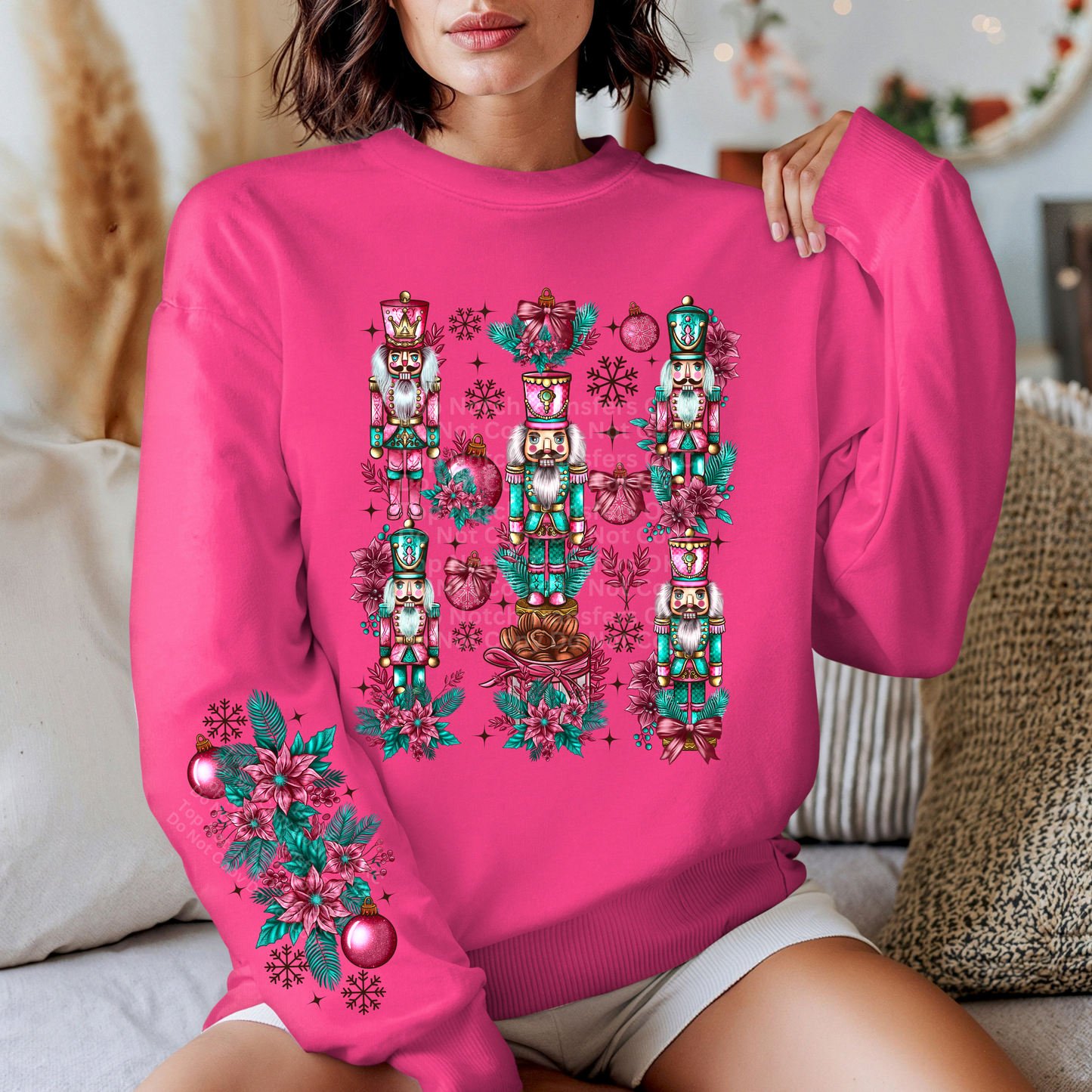 Nutcrackers with flowers and Ornaments Pink & Teal *with optional sleeve design* DTF Transfer