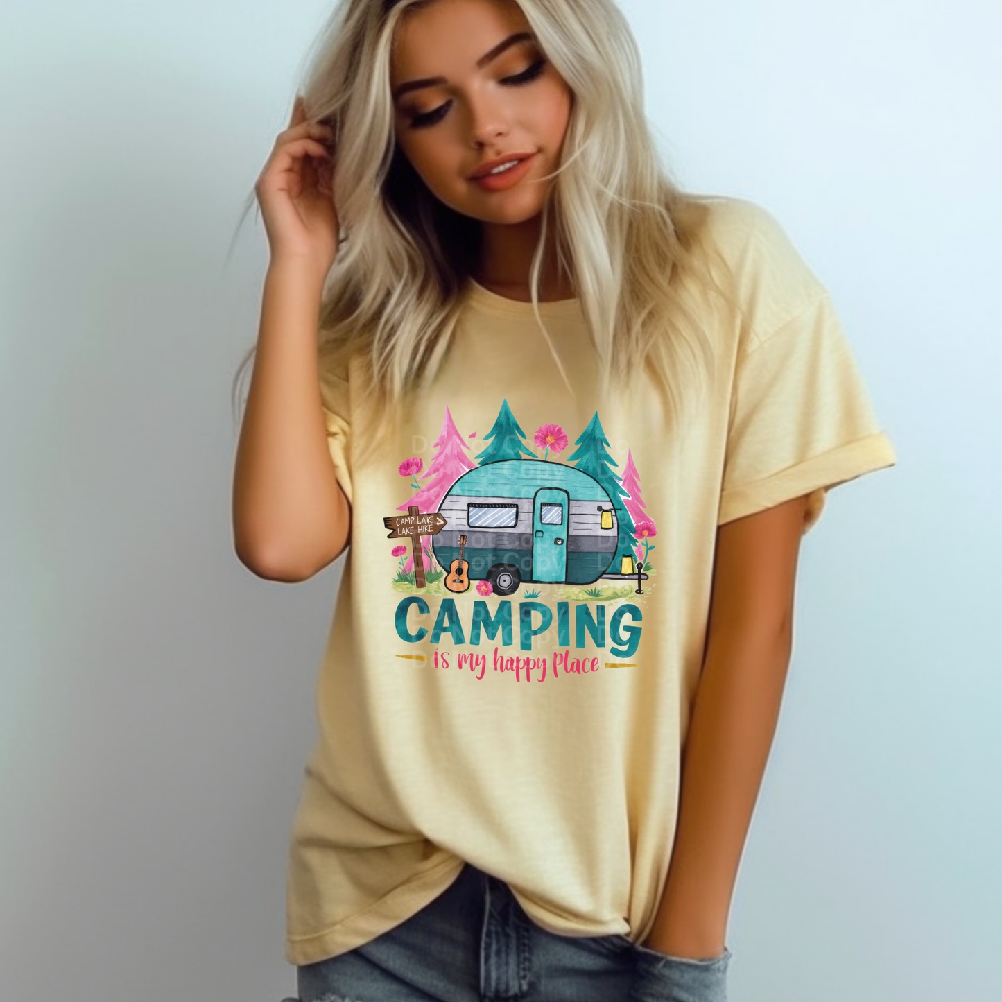 Camping Is My Happy Place (Pink & Green Trees) DTF Transfer