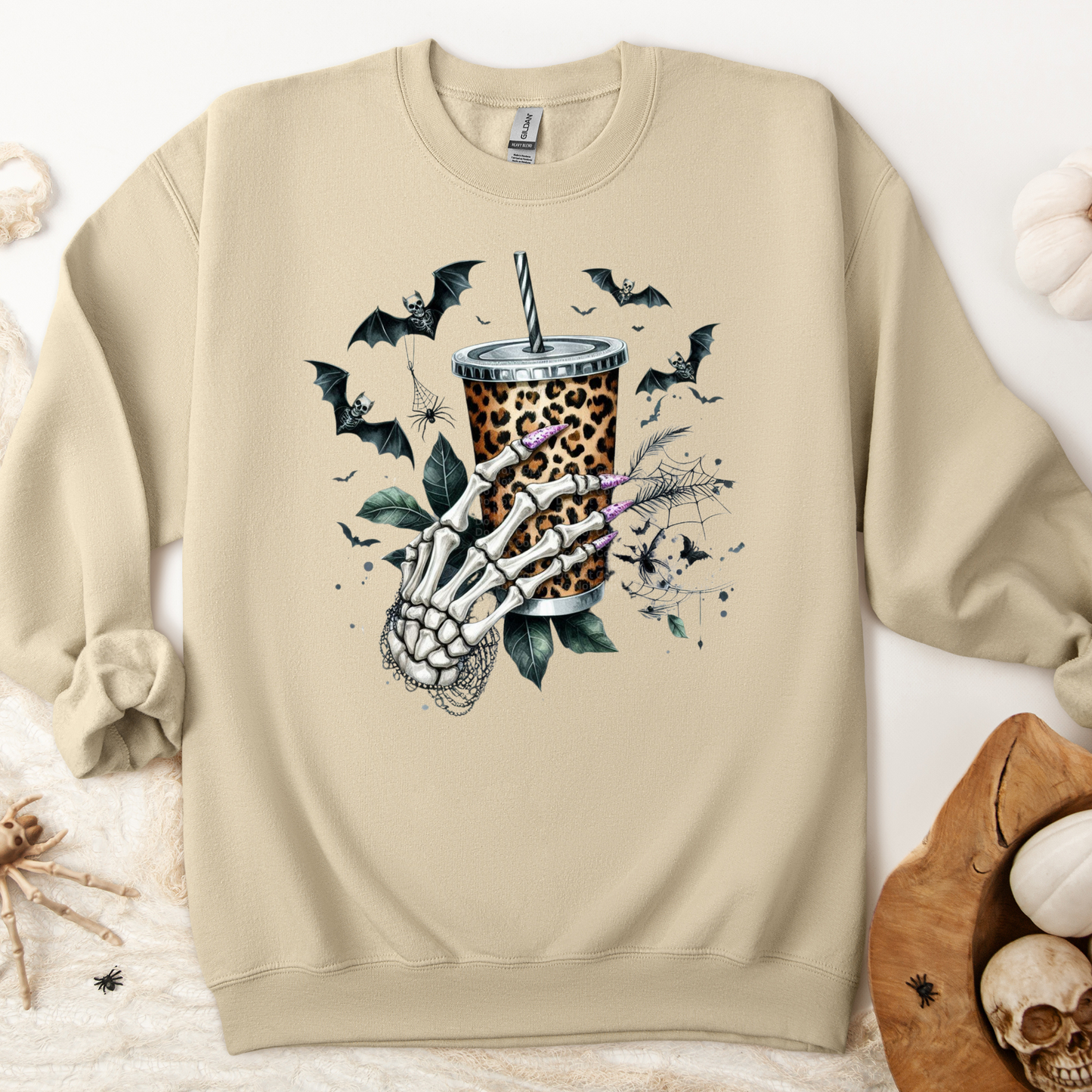Skeleton Hand Holding Leopard Print Cup DTF Transfer