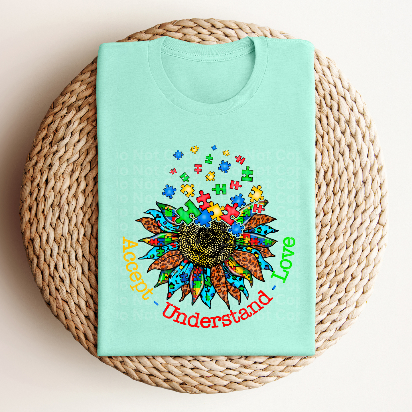 Accept Understand Love Puzzle Pieces fade into Sunflower DTF Transfer
