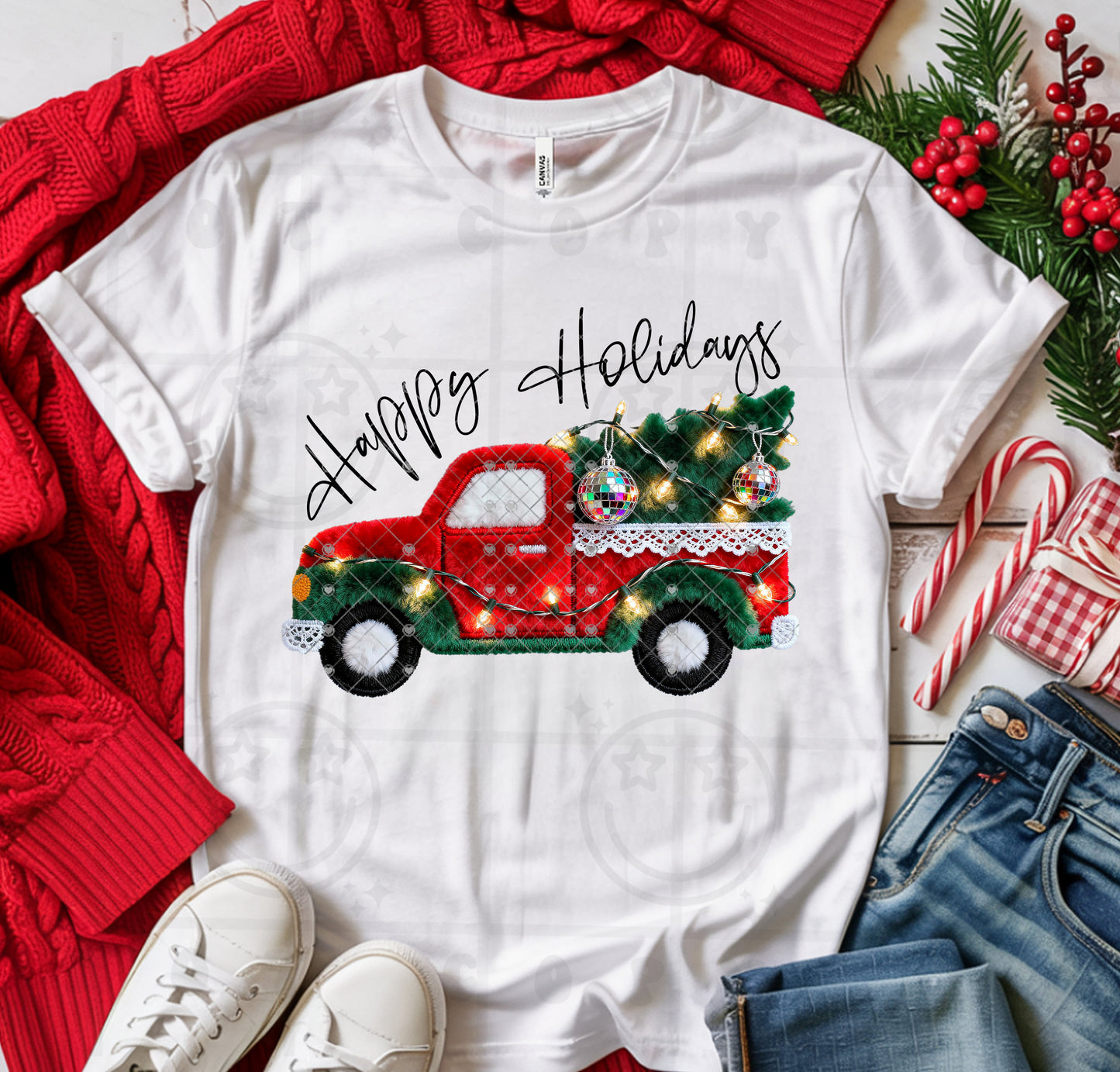 Happy Holidays Red Truck w/ Christmas Tree DTF Transfer