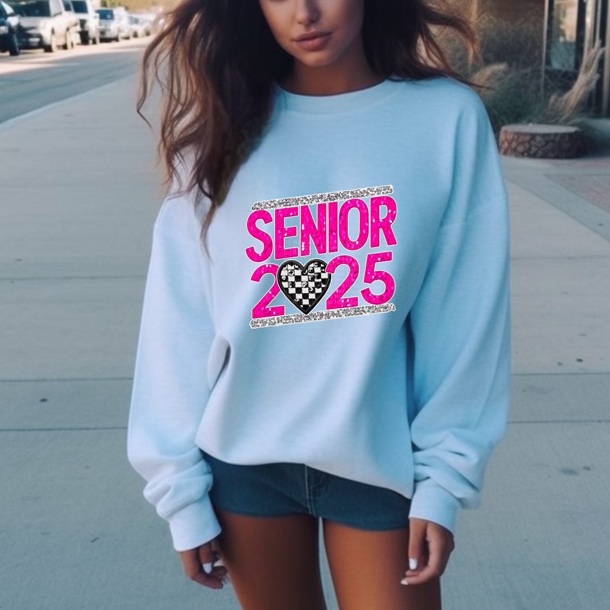 Senior 2025 Pink w/Checkered Heart - Faux Sequins DTF Transfer
