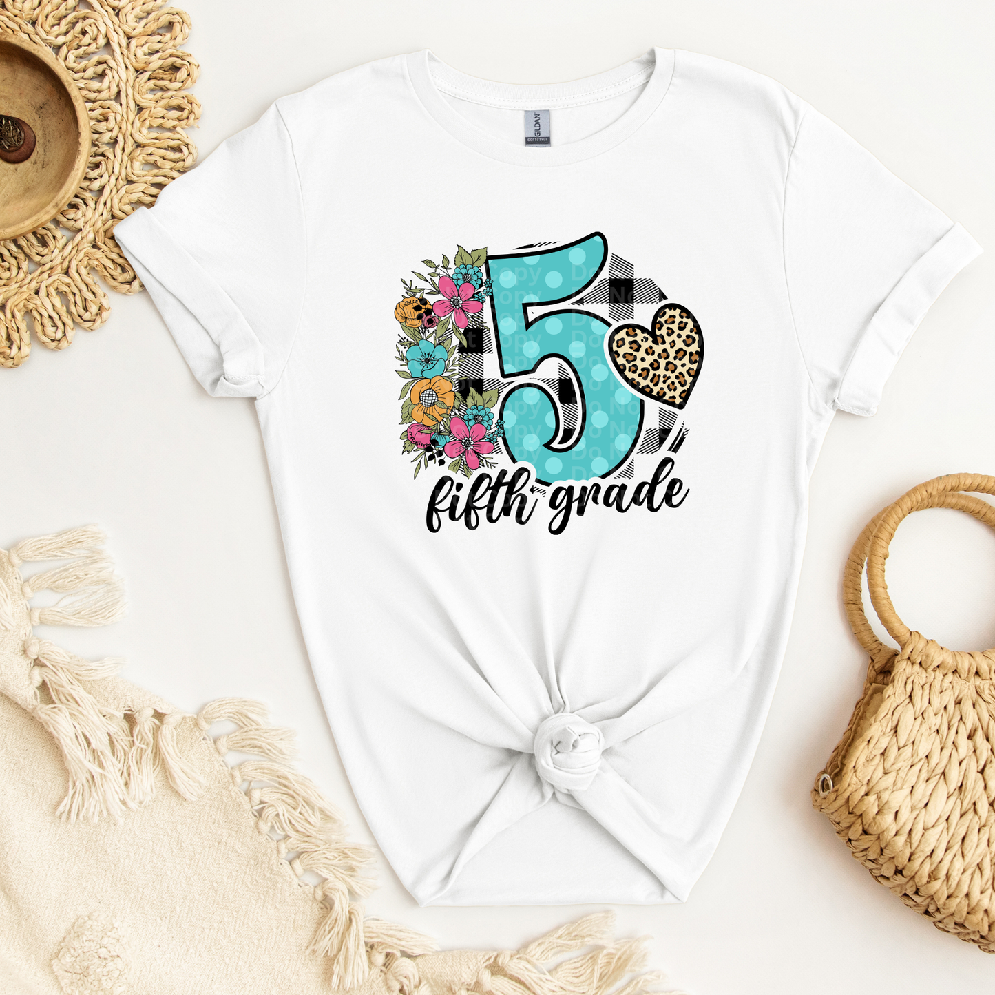 Fifth Grade Blue with Black & White Plaid Circle DTF Transfer