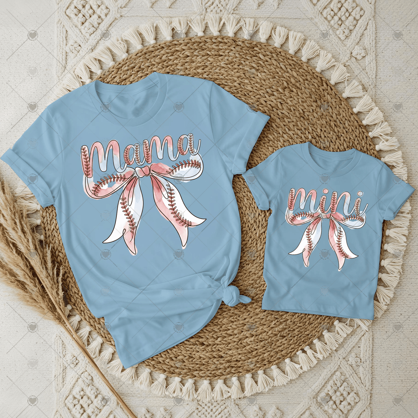 Mama/Mini Watercolor Baseball Bows DTF Transfer