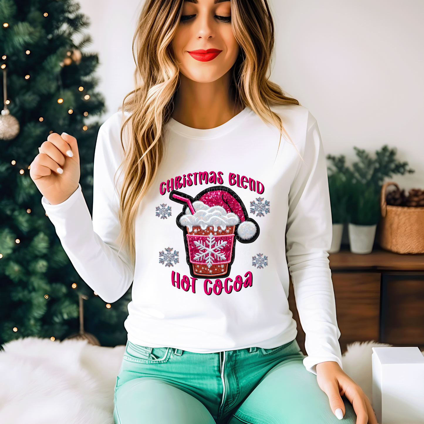 Pink Christmas Blend Hot Cocoa - Faux Glitter Embroidery DTF Transfer