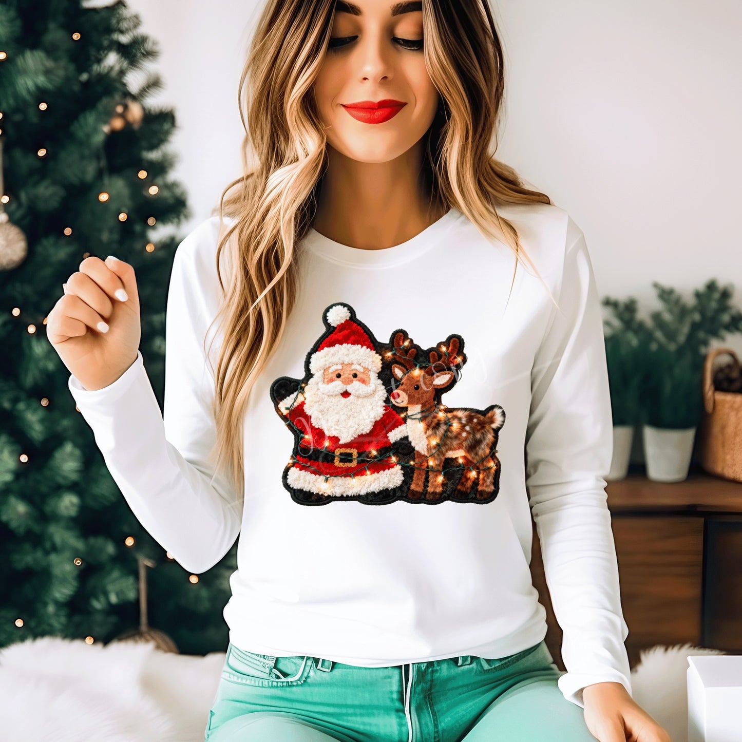 Faux Yarn Santa & Reindeer w/ lights DTF Transfer