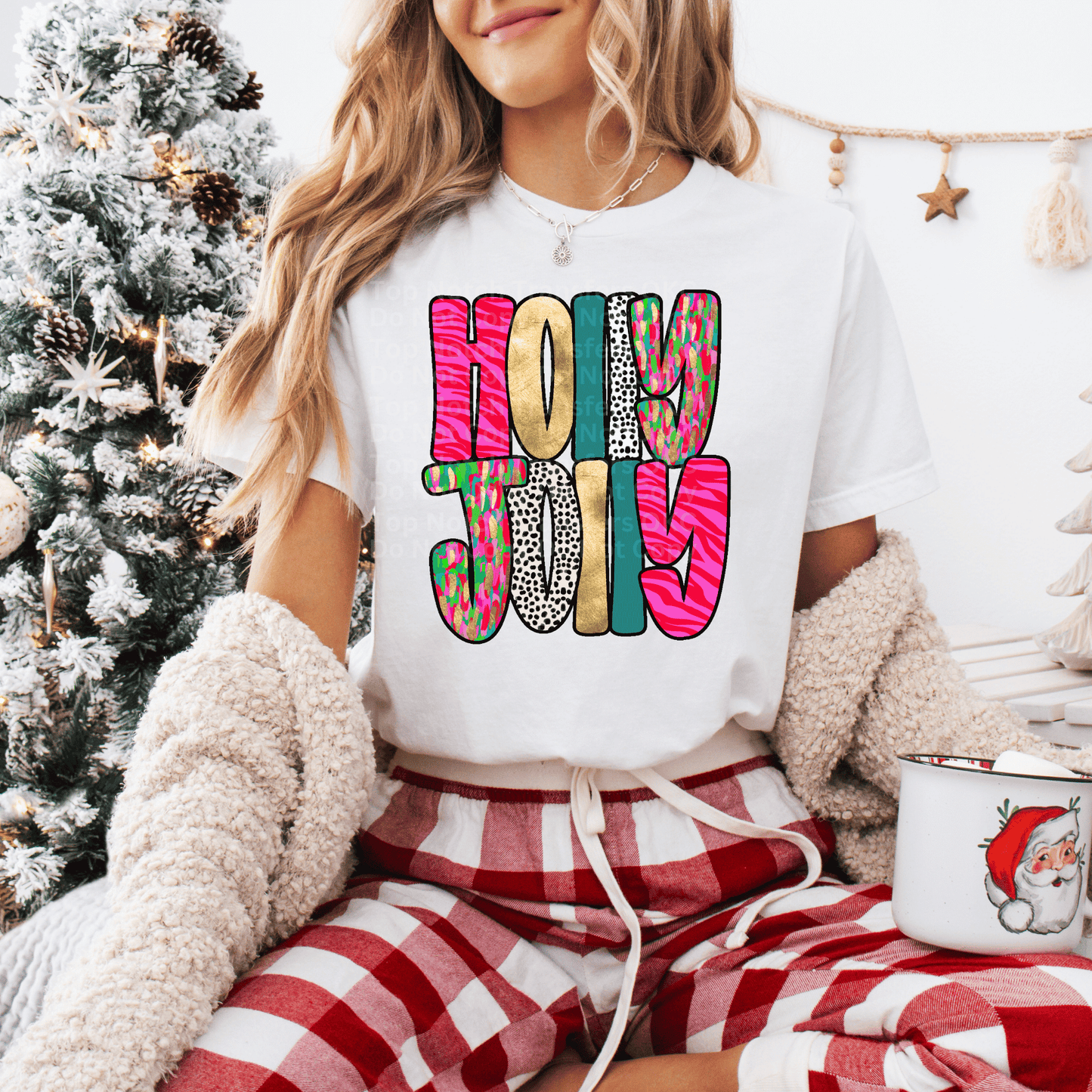 Holly Jolly - Pink Striped/Gold DTF Transfer