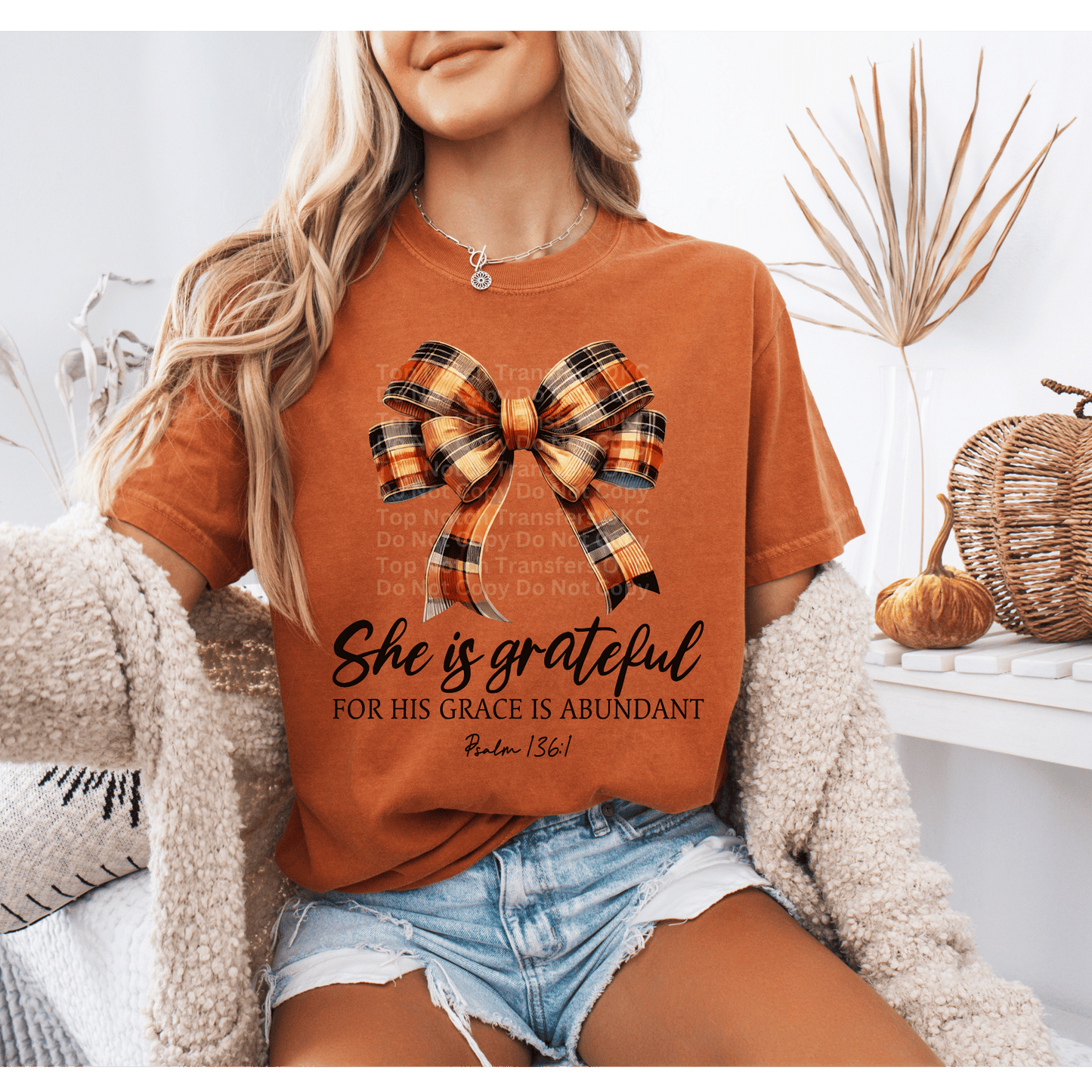 She Is Grateful Orange Plaid Bow DTF Transfer