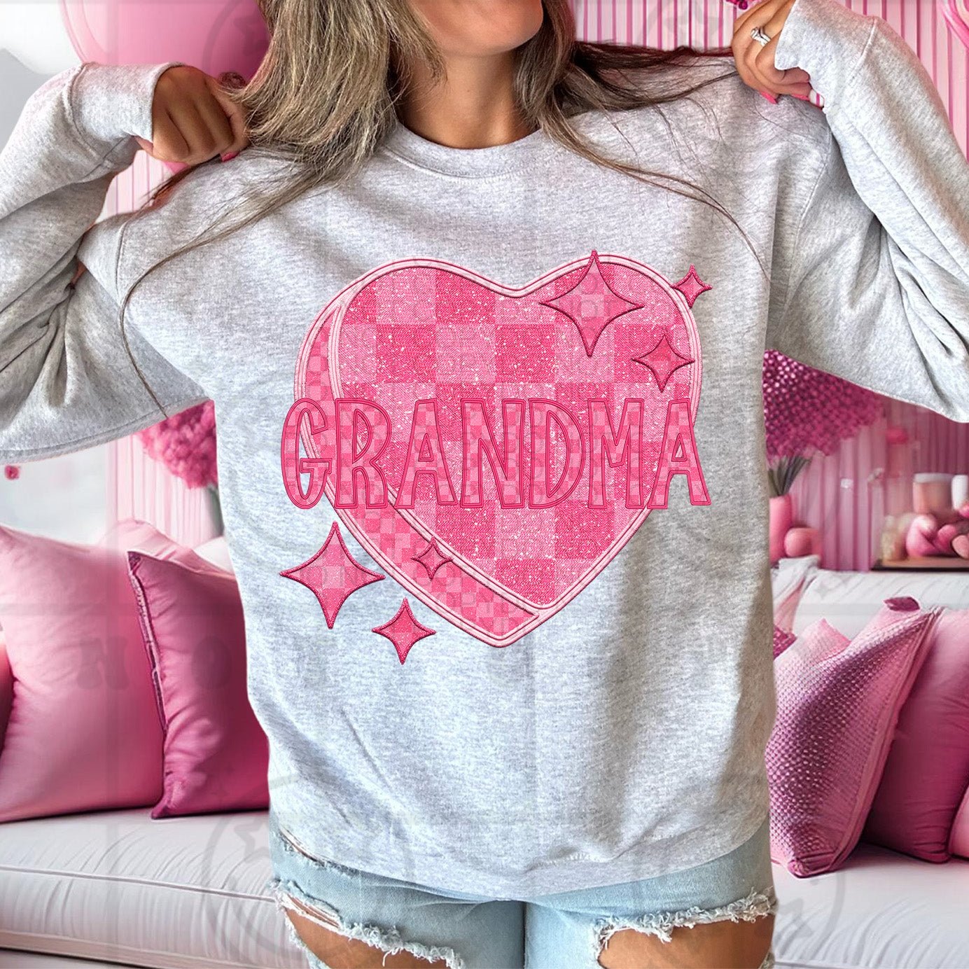 Grandma - Pink Checkered Heart DTF Transfer