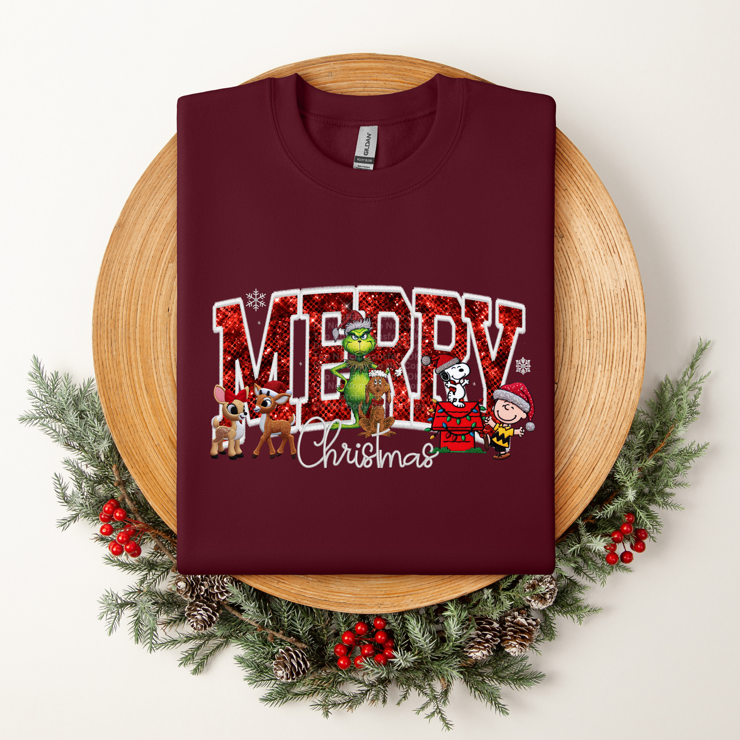 Faux Sequin Red Merry Christmas with Characters DTF Transfer