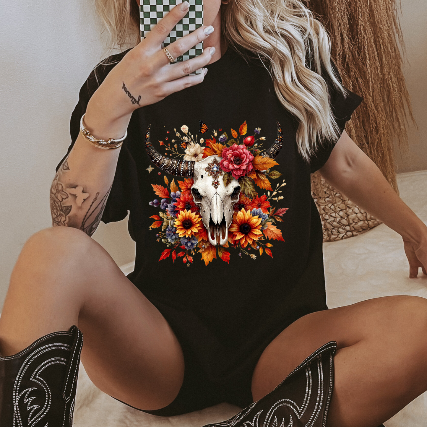 Skull with Pink & Fall Flowers DTF Transfer