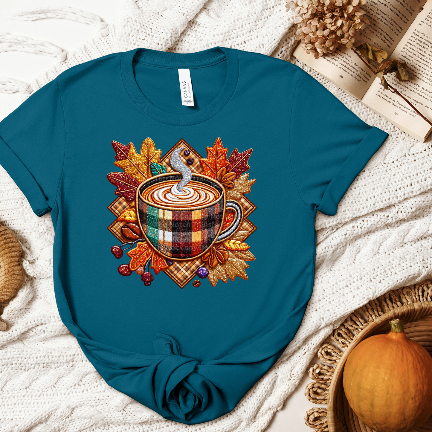 Plaid Mug w/Leaves - Faux Embroidery DTF Transfer