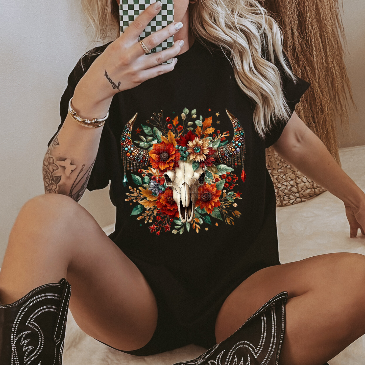 Skull with Fall Flowers DTF Transfer