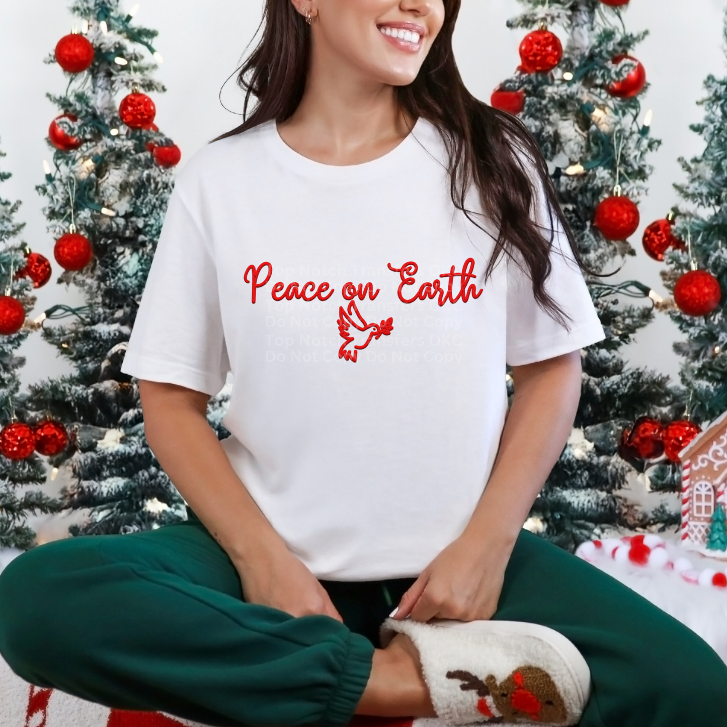 Peace On Earth Red Faux Embroidery DTF Transfer