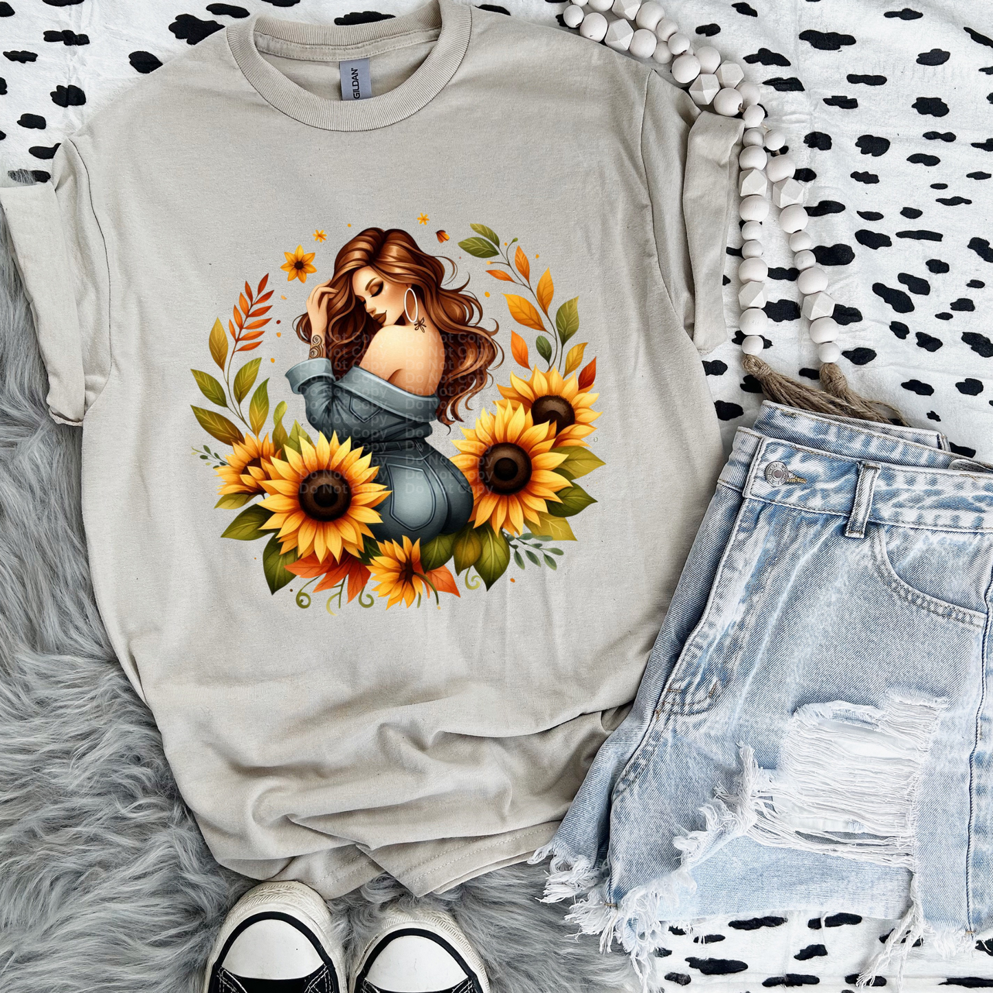 Brown Haired Girl with Sunflowers DTF Transfer