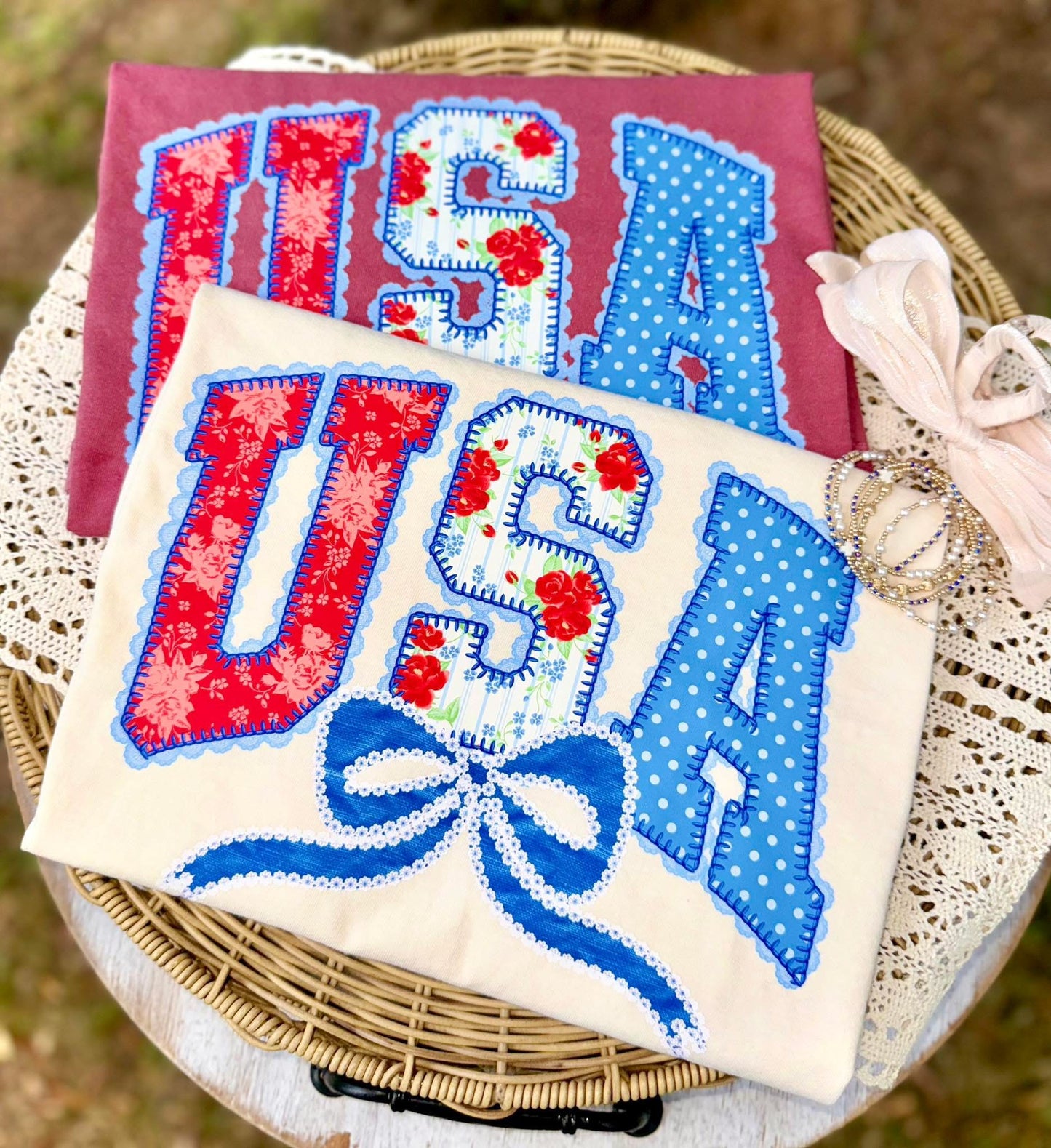USA with bow and lace border DTF Transfer