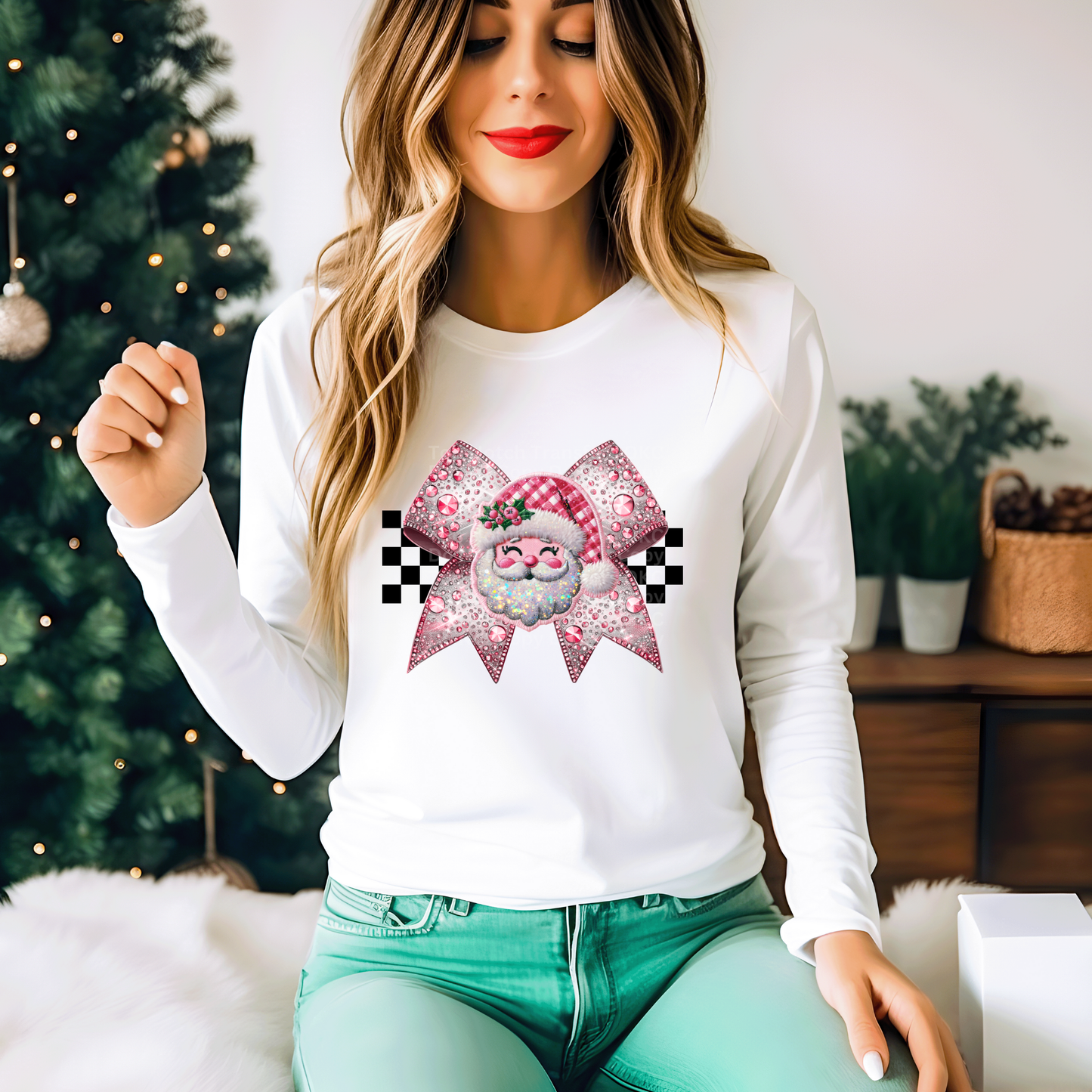 Pink Santa Bow - Faux Rhinestone Embroidery DTF Transfer
