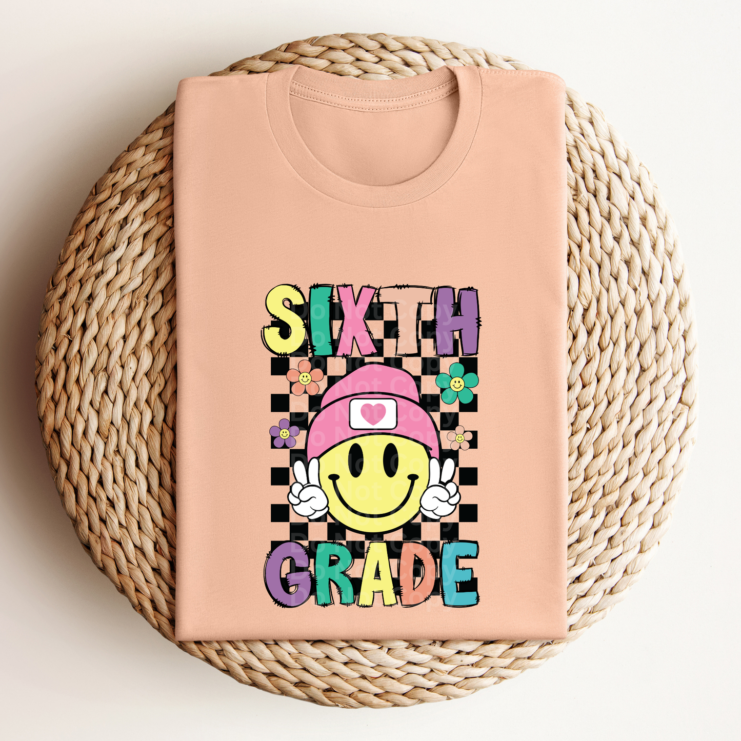 Sixth Grade Smiley Checkered with flowers DTF Transfer