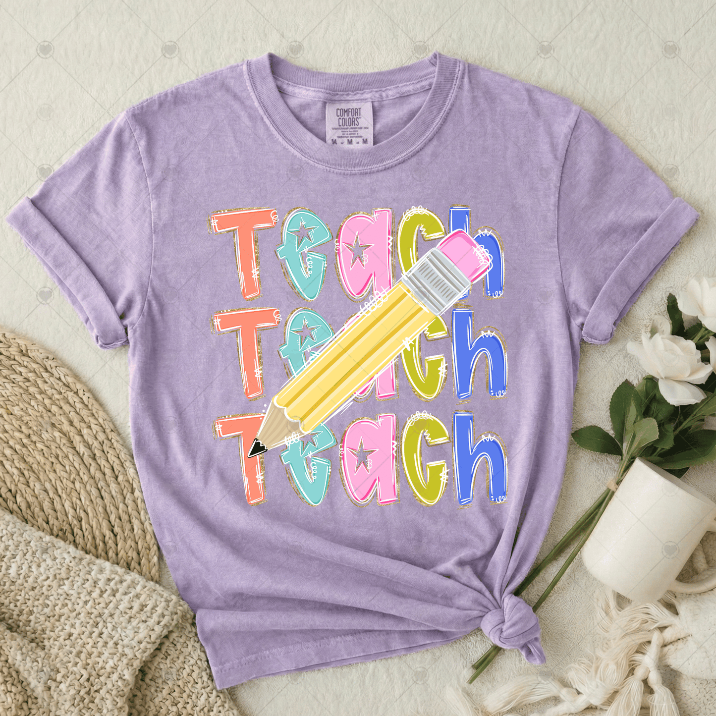 Teach Stacked w/ Pencil Faux Gold Glitter Outline DTF Transfer