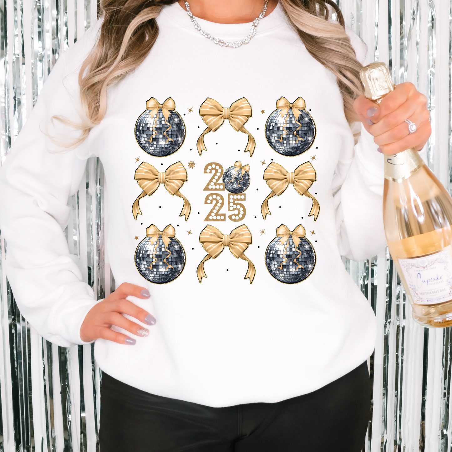 2025 Silver Disco Balls with Gold Bows Coquette DTF Transfer