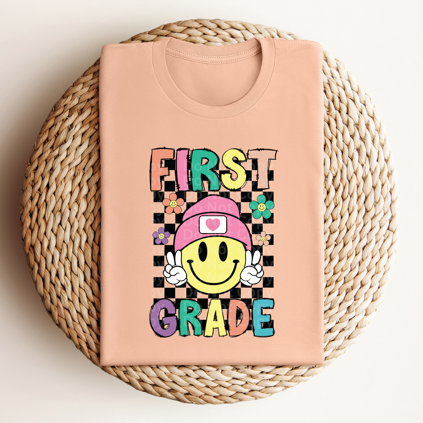 First Grade Smiley Checkered with flowers DTF Transfer