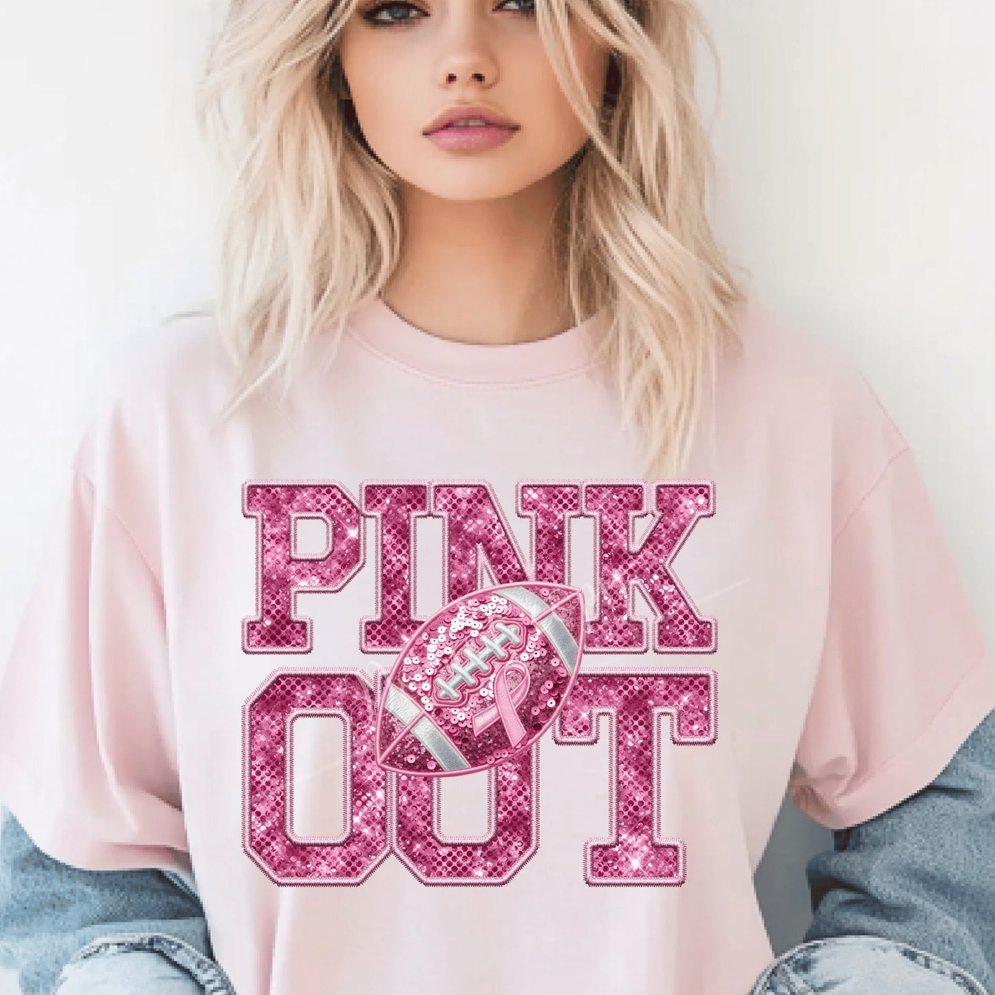 Pink Out Football Faux Sequin & Embroidered DTF Transfer
