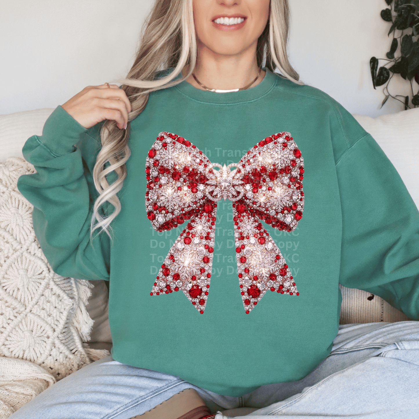 Christmas Faux Rhinestone Bow Red DTF Transfer