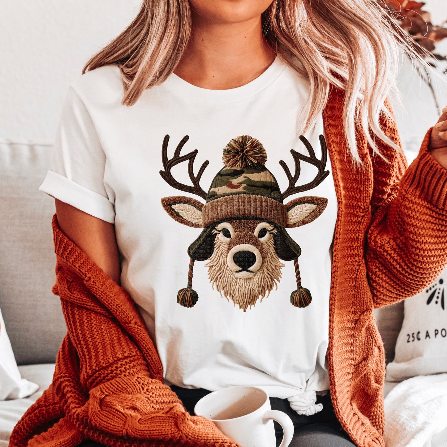 RTS ADULT Faux Yarn Deer w/ Camo Hat DTF Transfer