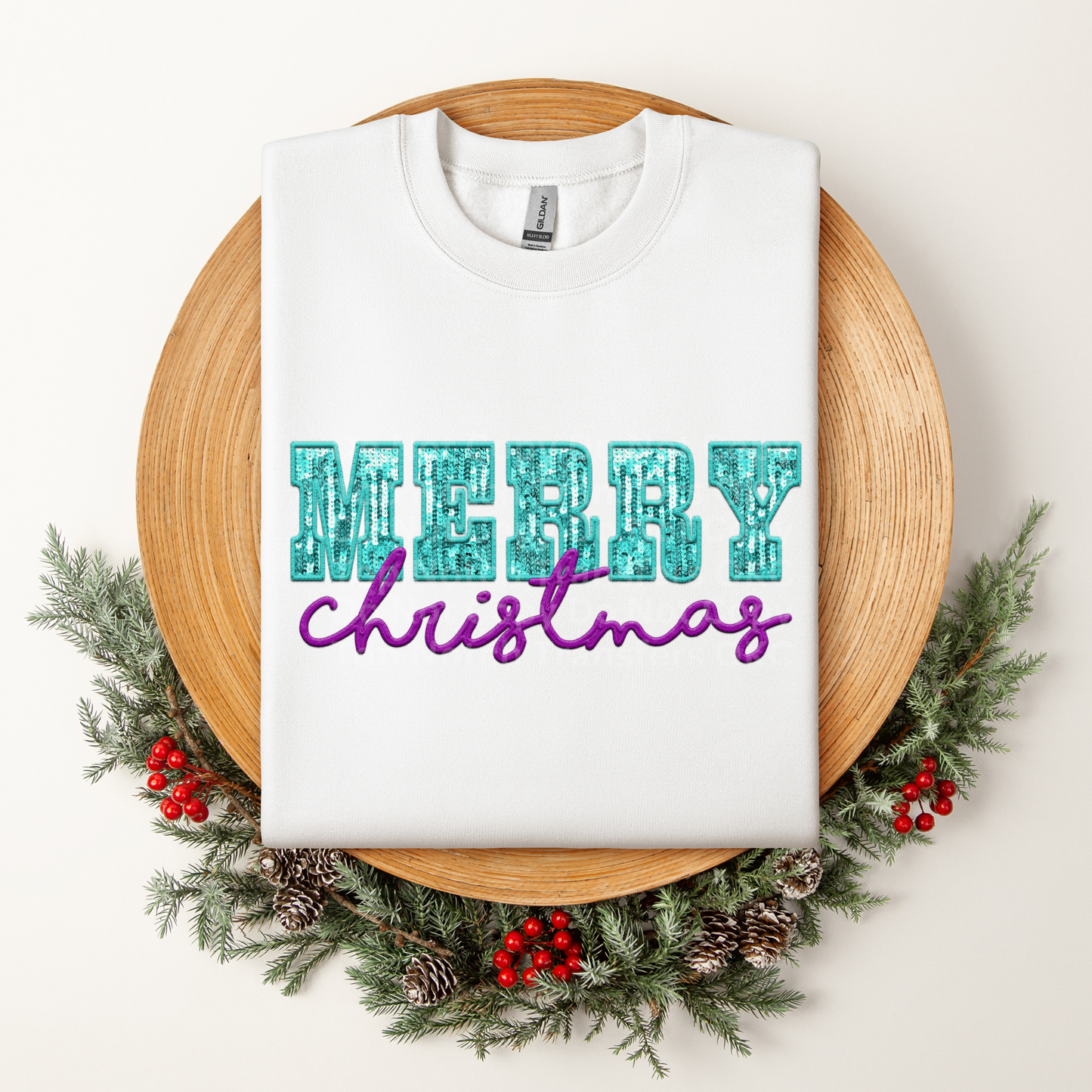 Merry Christmas Purple Aqua Faux Sequins DTF Transfer