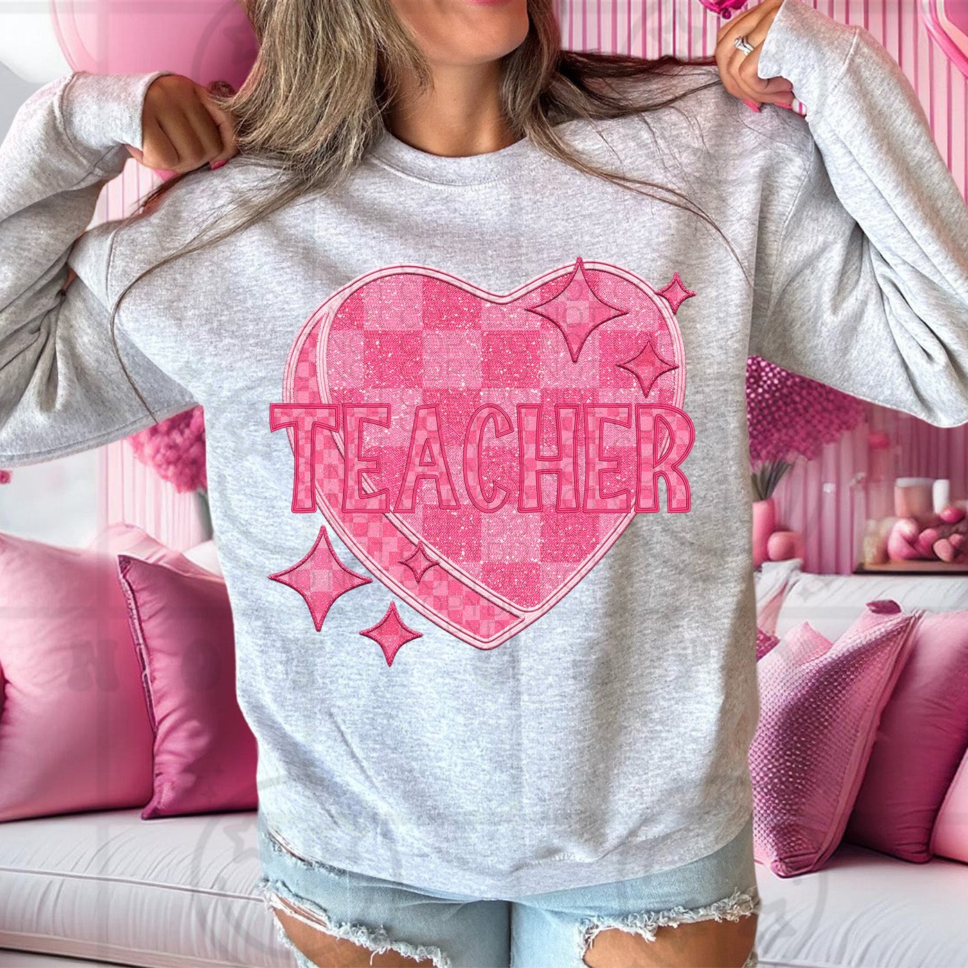 Teacher - Pink Checkered Heart DTF Transfer