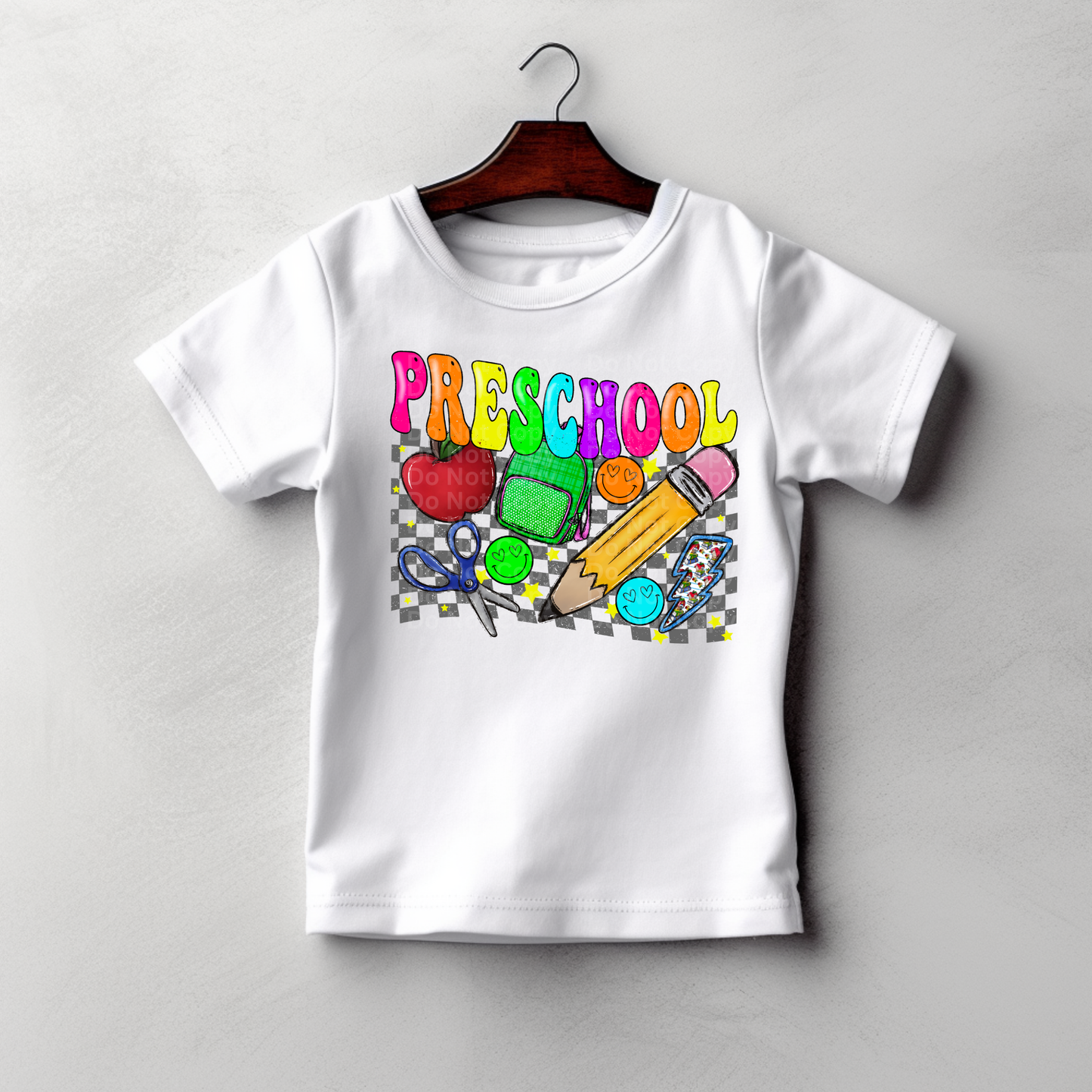 Preschool Multicolor Font/Grey Checkered DTF Transfer
