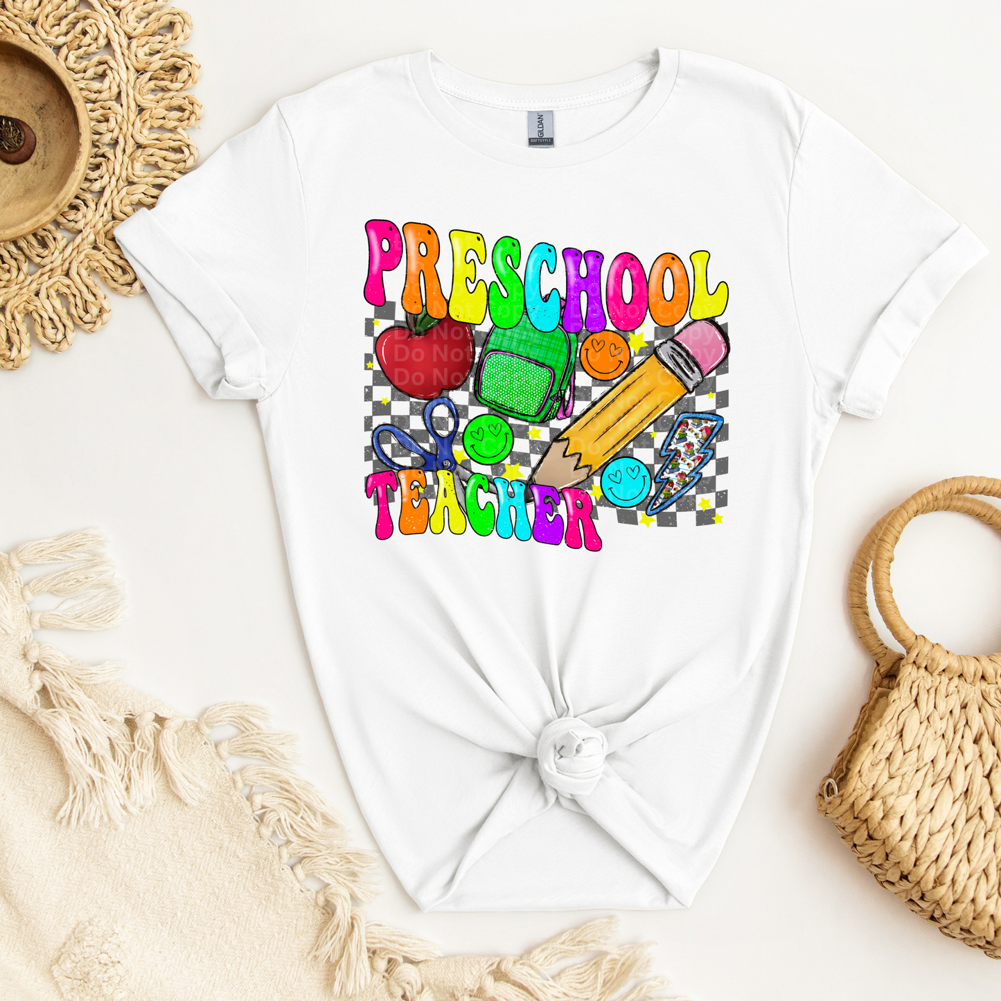 Preschool Teacher Multicolor Font/Grey Checkered DTF Transfer