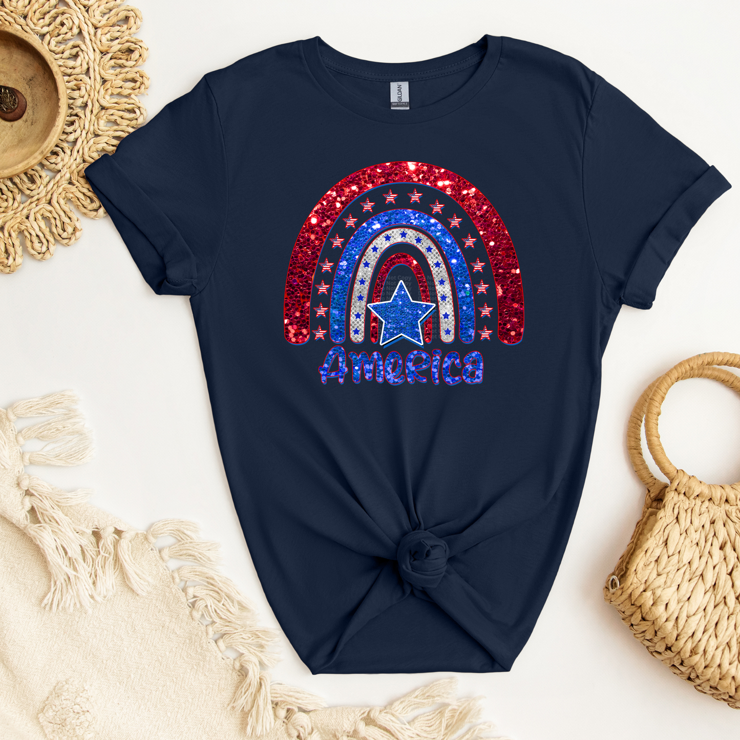 America Red & Blue Rainbow Faux Sequins w/Blue star in Center DTF Transfer