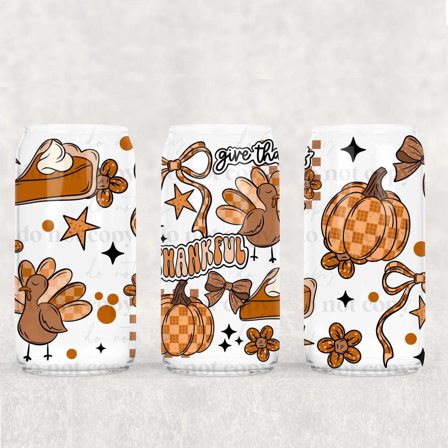 Thankful Turkey, Pumpkin Pie & Bows UV DTF 16 oz Cup Wrap *CSC 0925*