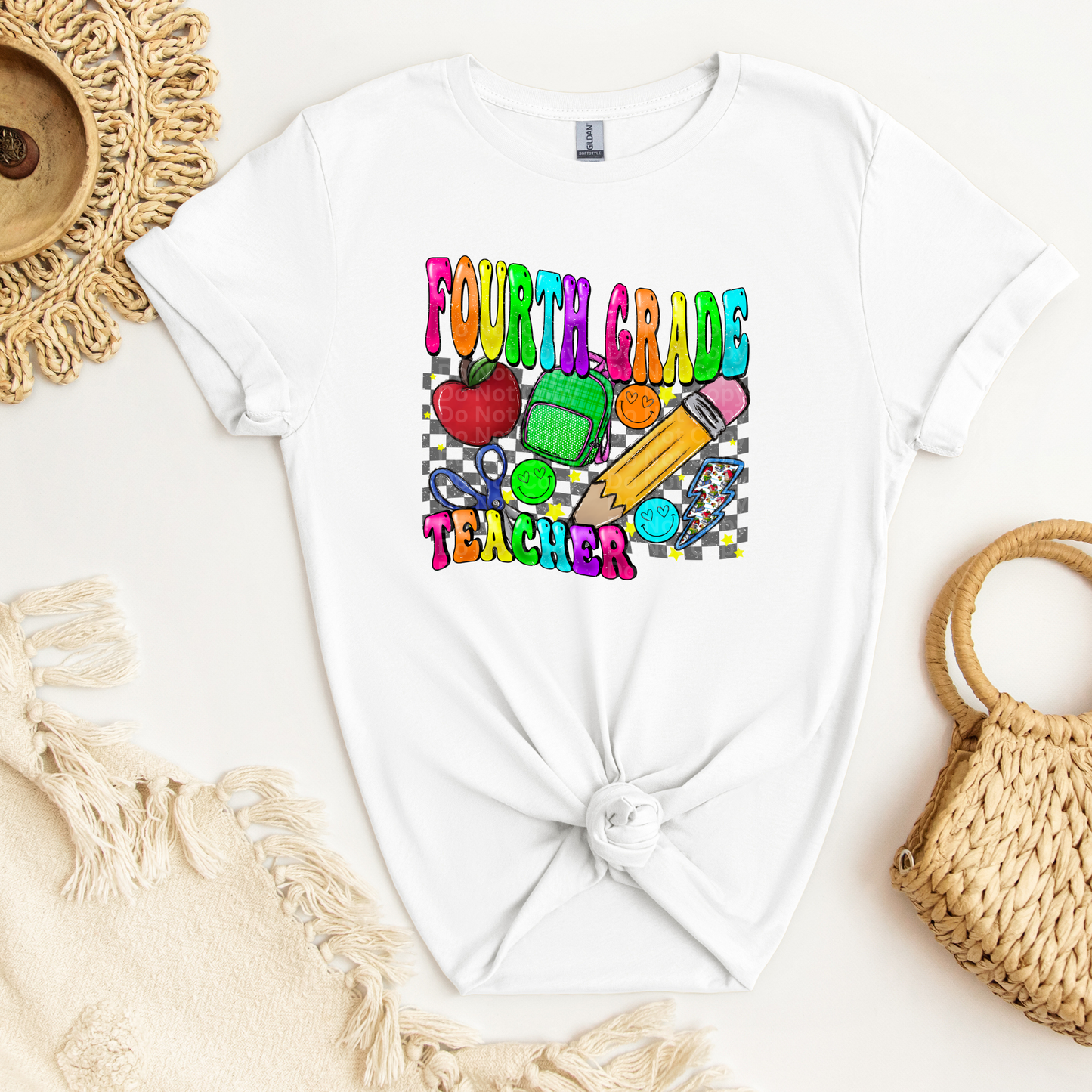 Fourth Grade Teacher Multicolor Font/Grey Checkered DTF Transfer