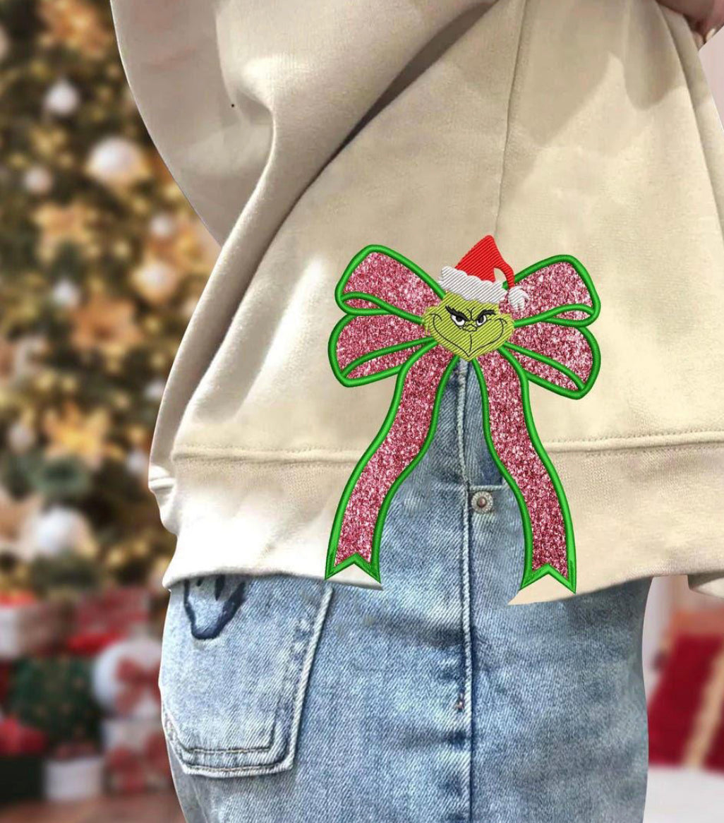Green Guy Faux Glitter Embroidered Bow Side Slit DTF Transfer
