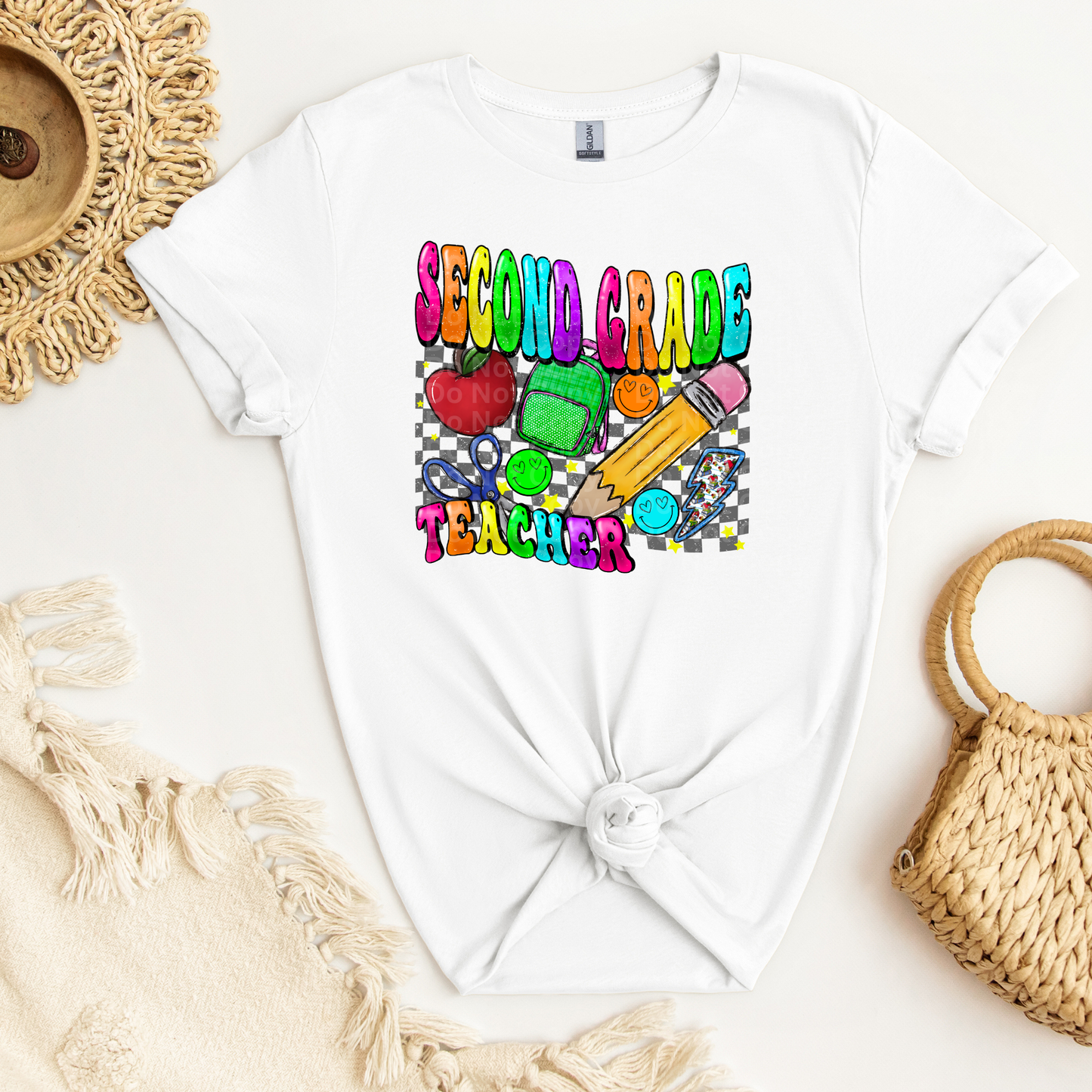 Second Grade Teacher Multicolor Font/Grey Checkered DTF Transfer