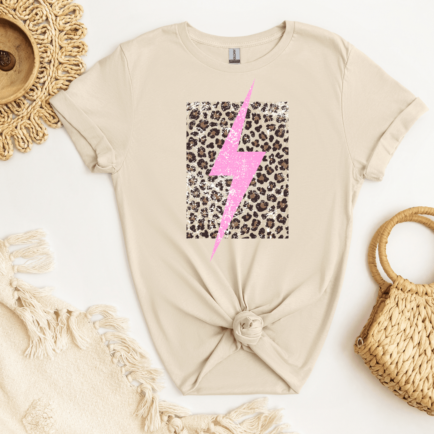 Distressed Pink Bolt & Leopard Print DTF Transfer