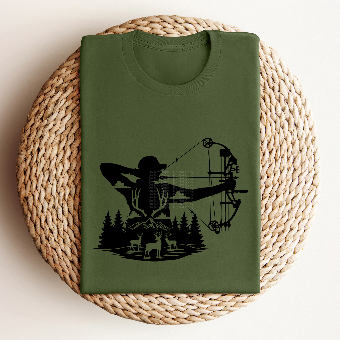 Hunter With Compound Bow, Deer & Trees Black Silhouette DTF Transfer